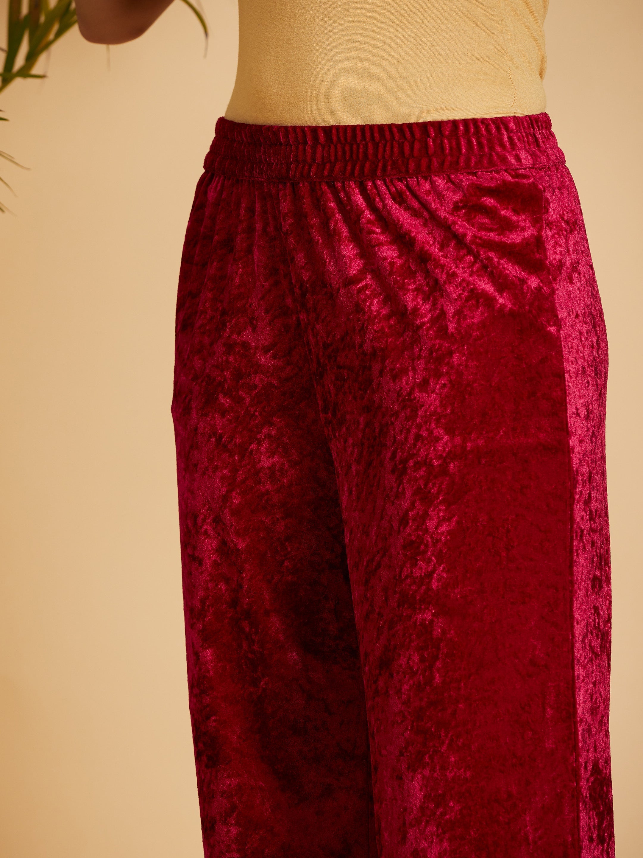 Women's Fuchsia Velvet Embroidered Dress With Pants - Lyush
