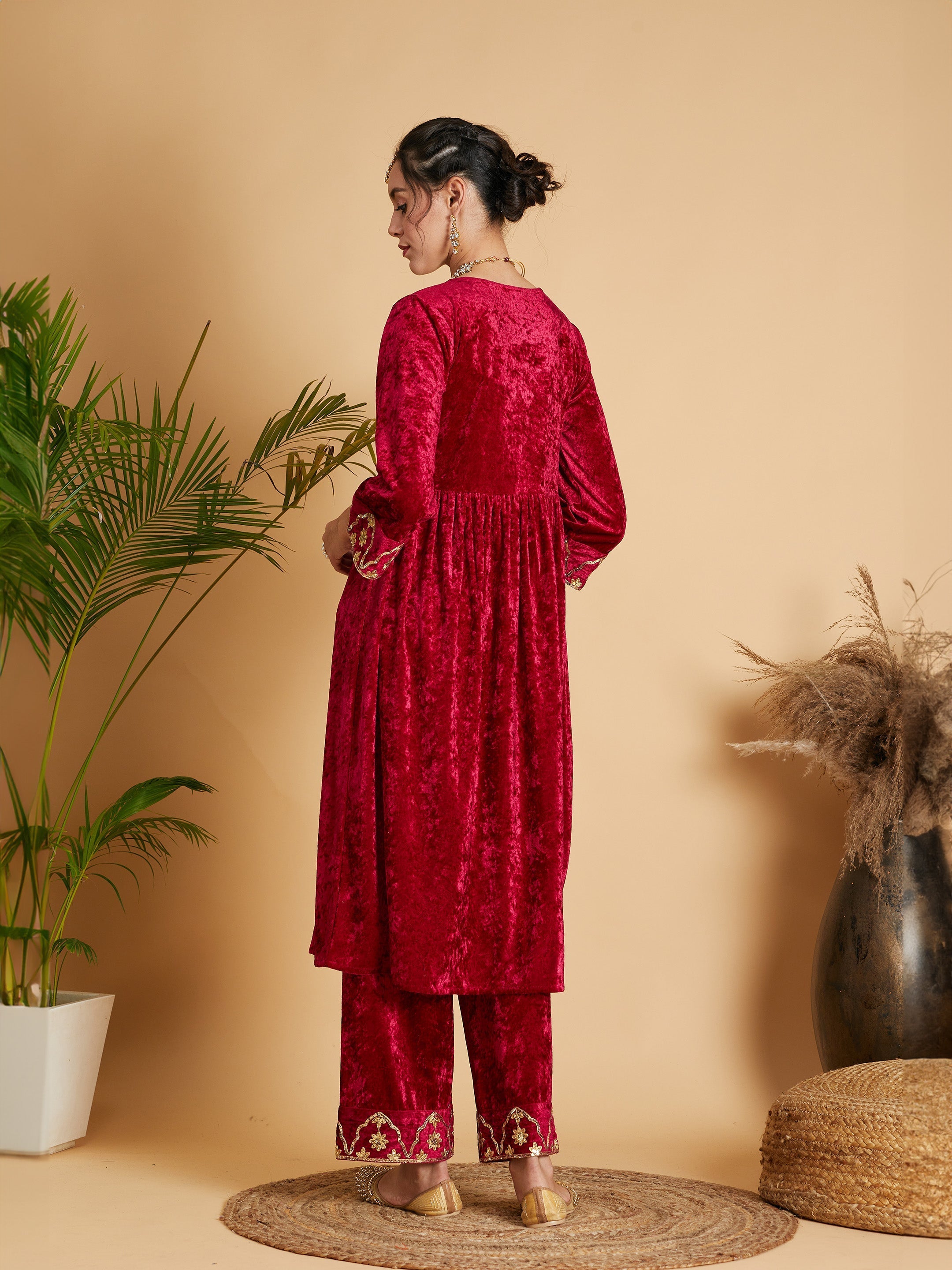 Women's Fuchsia Velvet Embroidered Dress With Pants - Lyush