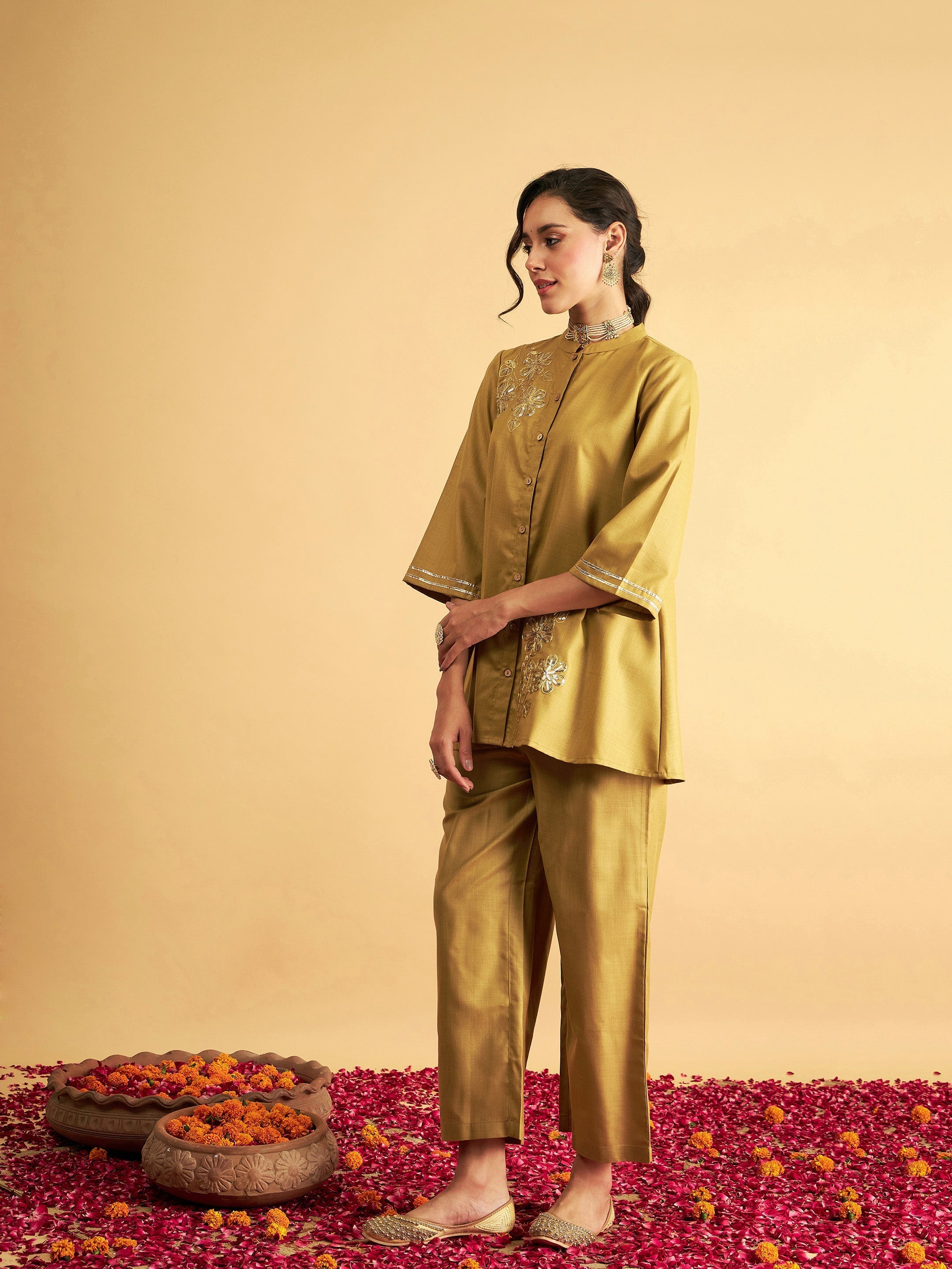 Women's Yellow Embroidered Collar Shirt With Pants - Lyush
