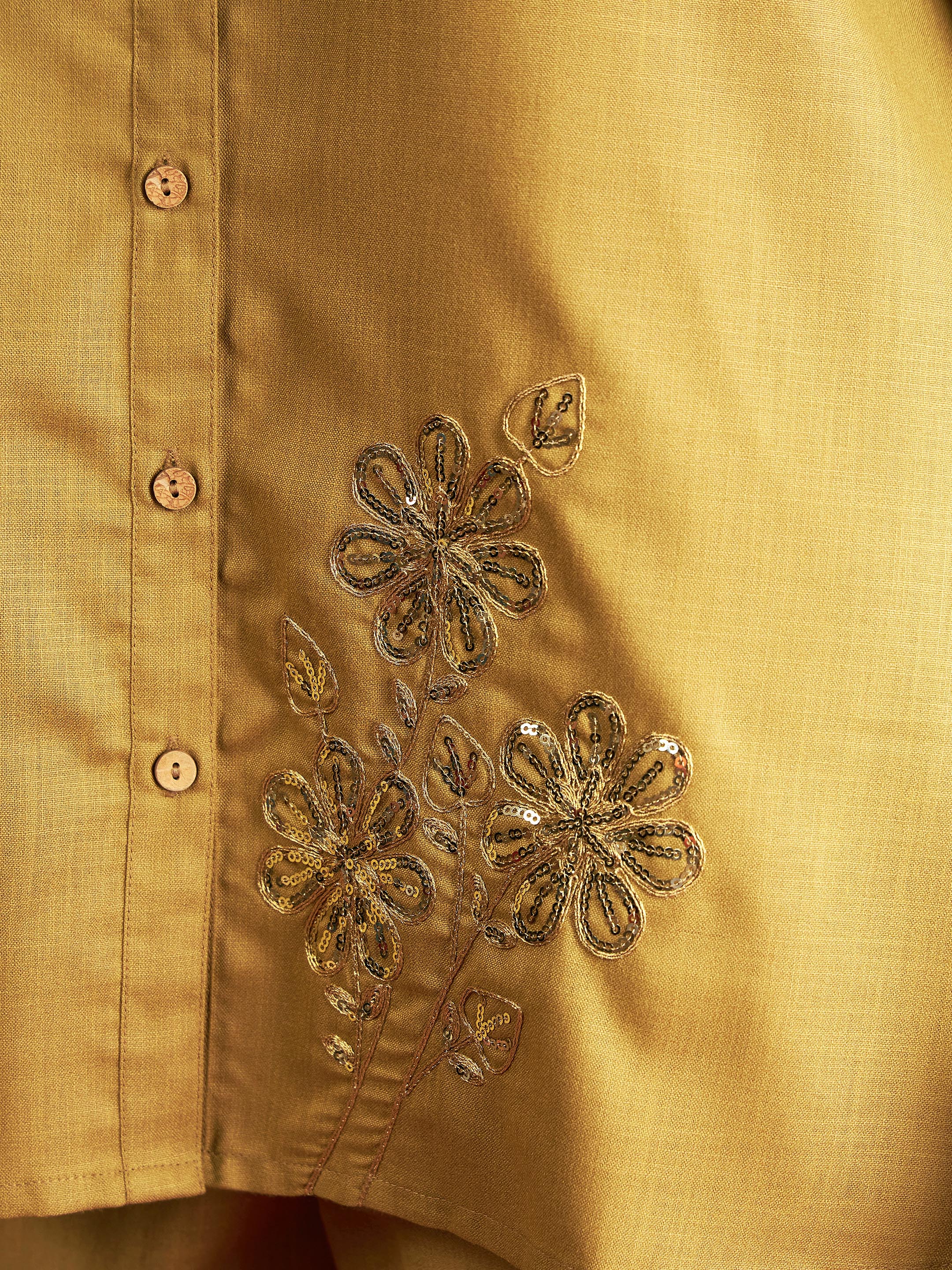 Women's Yellow Embroidered Collar Shirt With Pants - Lyush