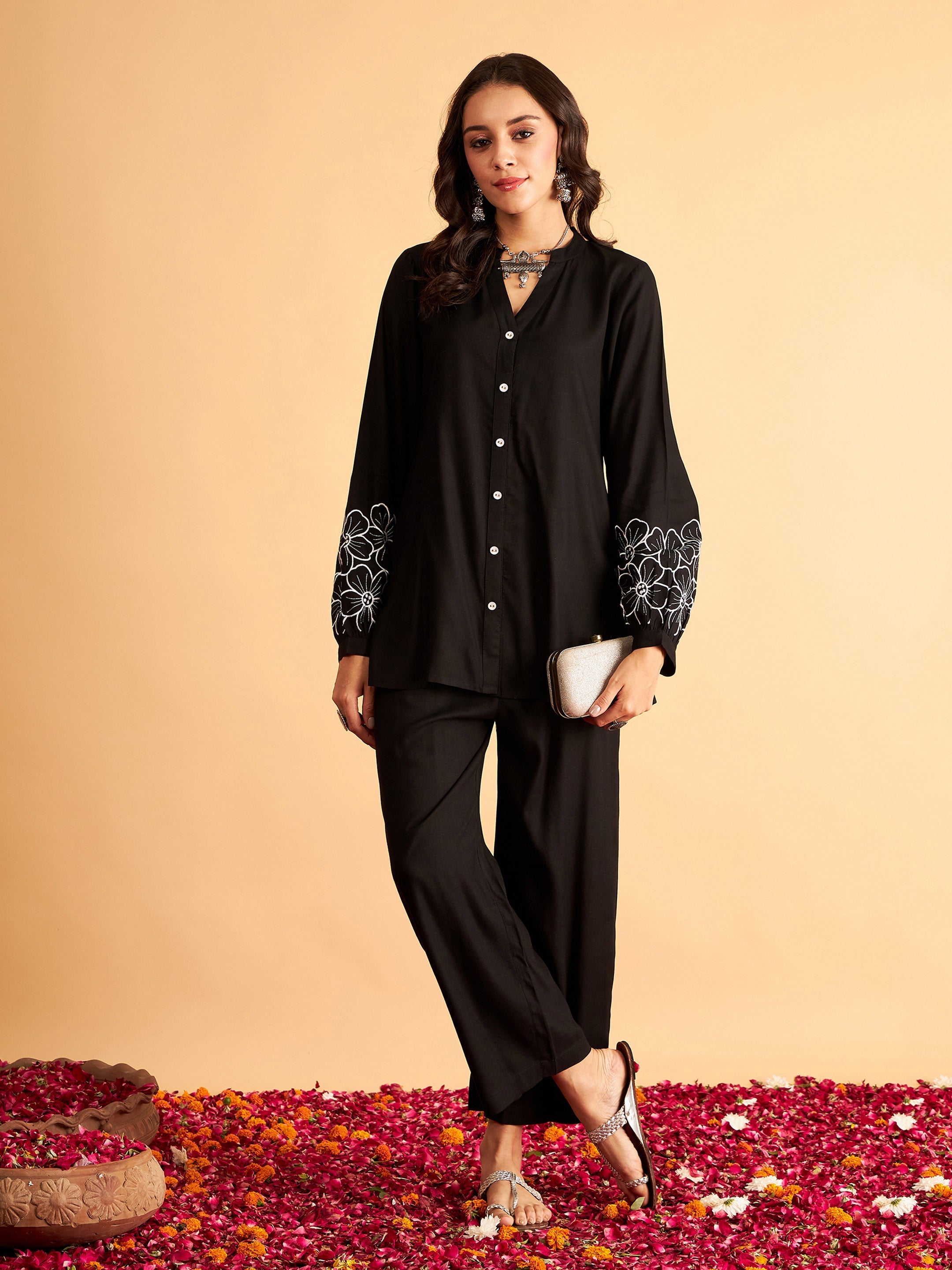 Women's Black Sleeves Embroidered Shirt With Pants - Lyush