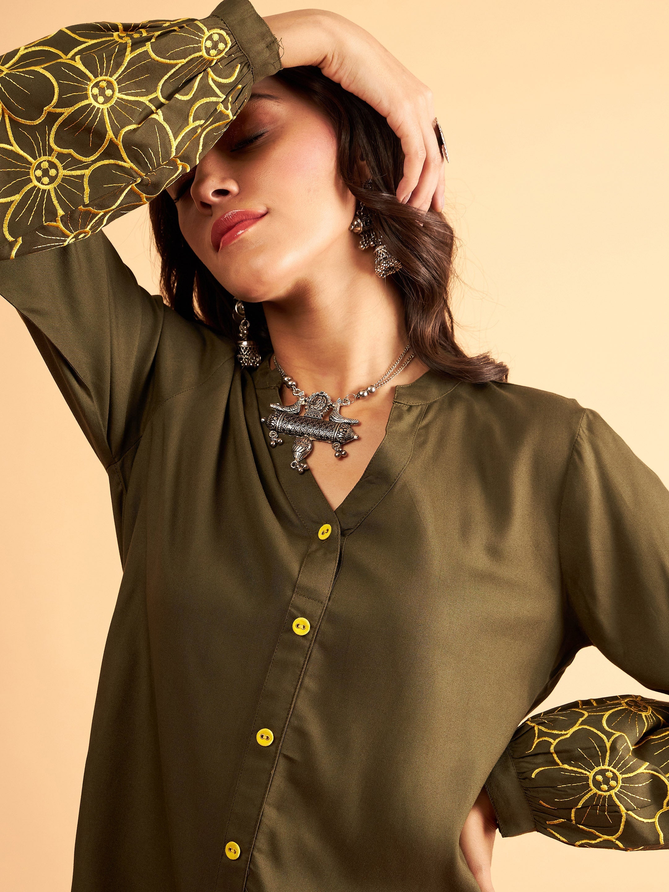Women's Olive Sleeves Embroidered Shirt With Pants - Lyush
