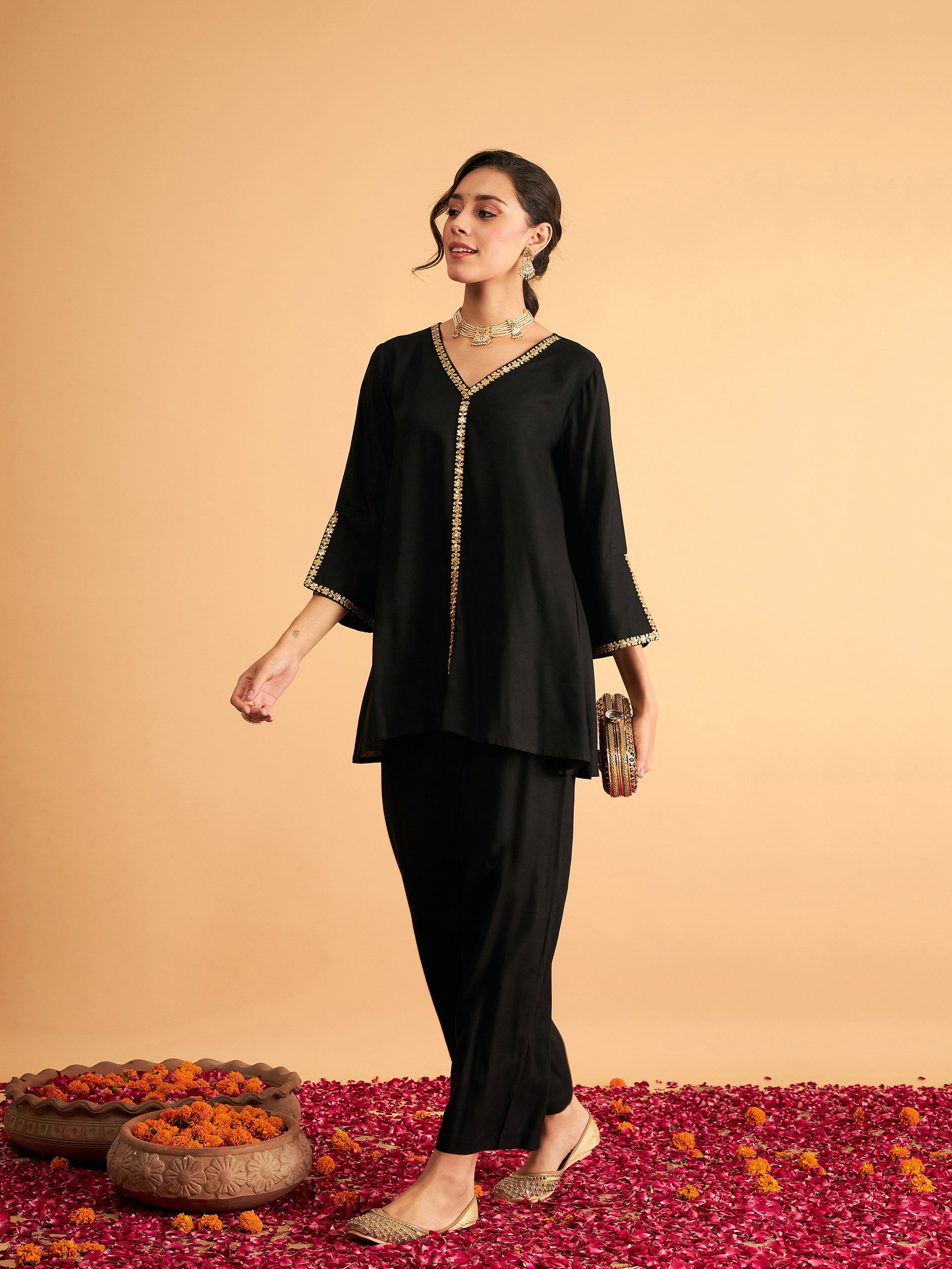 Women's Black Embroidered A Line Top With Pants - Lyush