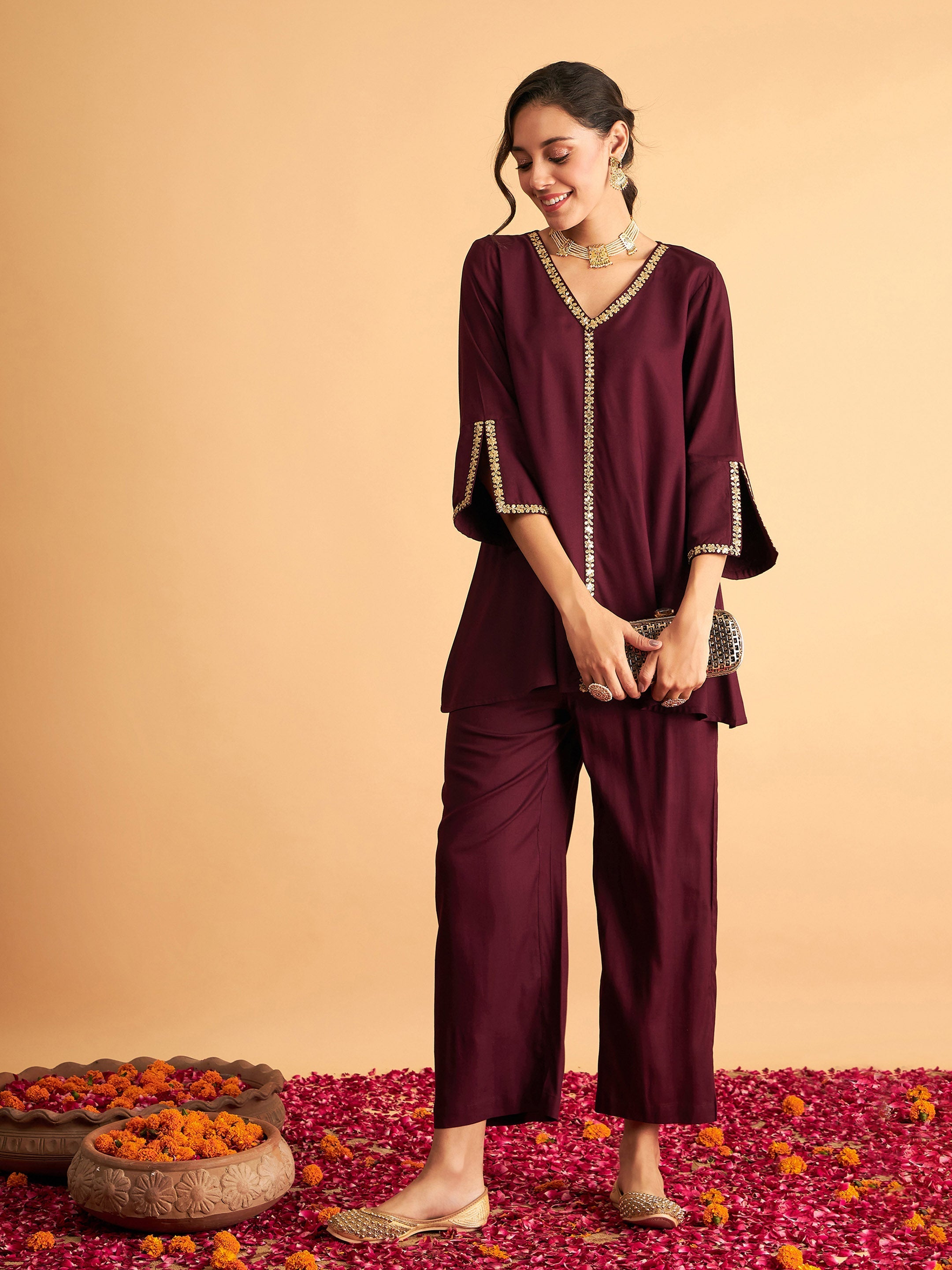Women's Burgundy Embroidered A Line Top With Pants - Lyush