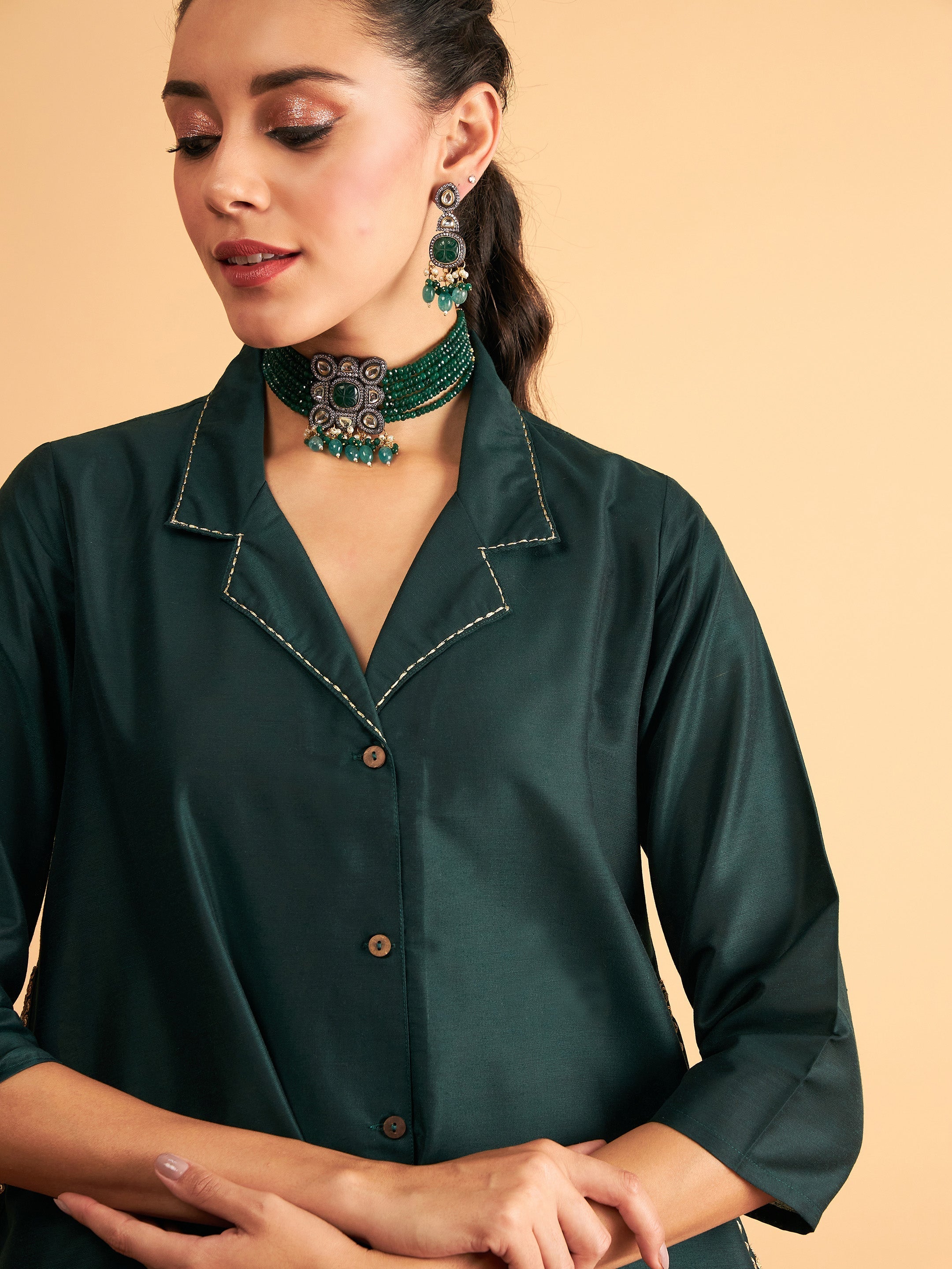 Women's Emerald Zari Embroidered Collar Shirt With Pants - Lyush