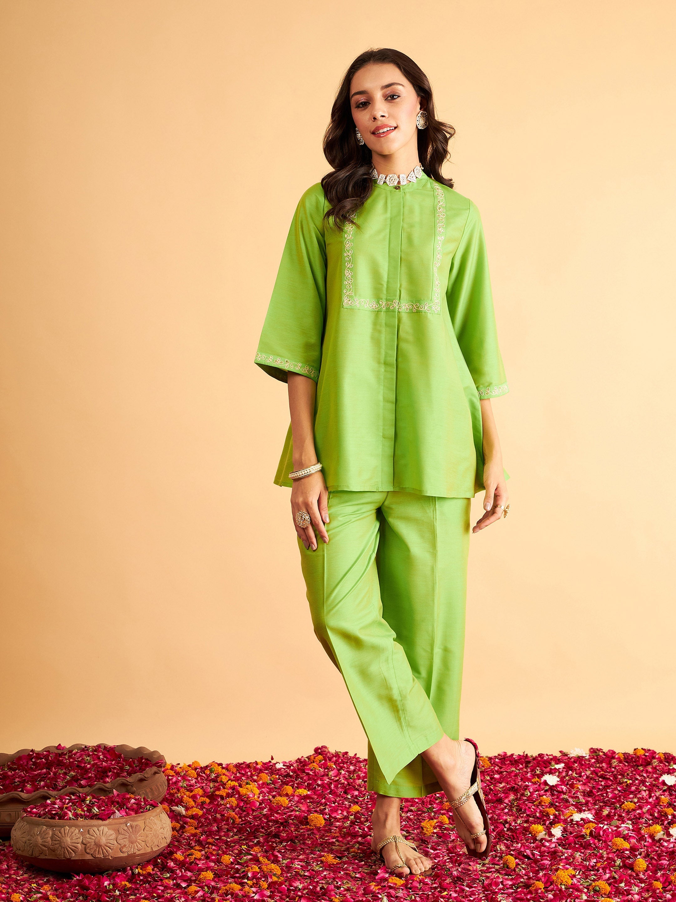 Women's Green Embroidered Top With Straight Pants - Lyush