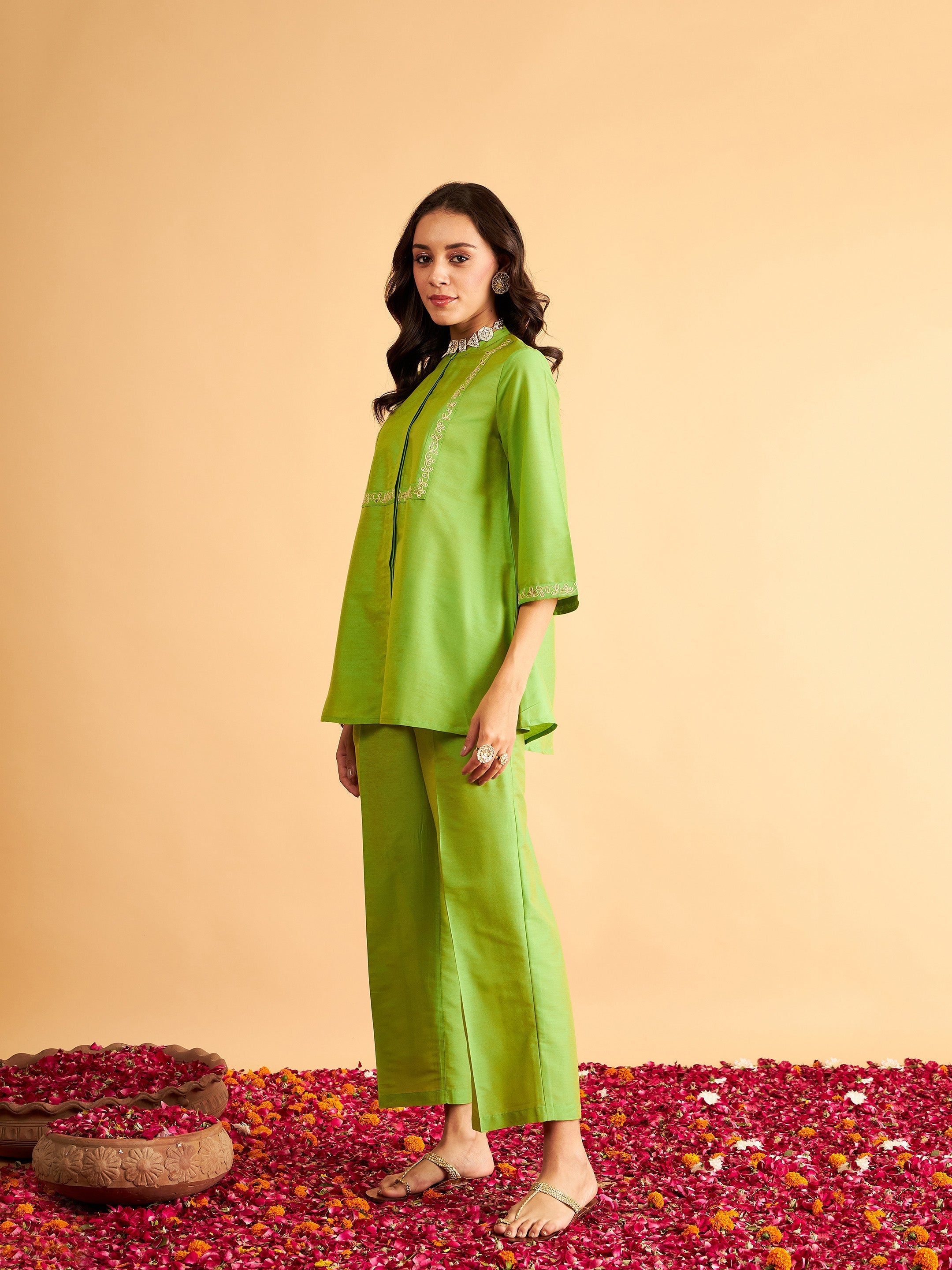 Women's Green Embroidered Top With Straight Pants - Lyush