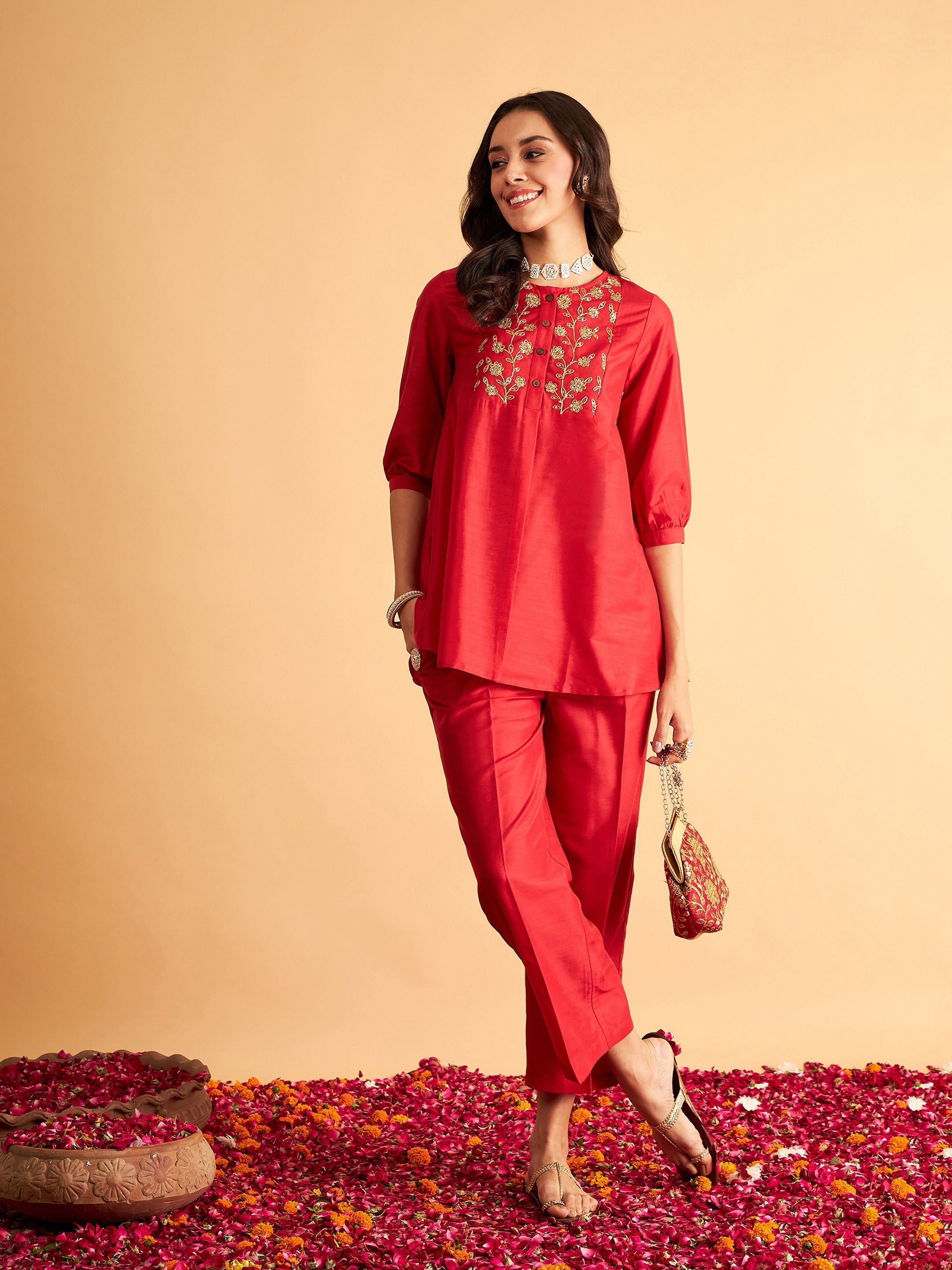 Women's Red Embroidered Top With Pants - Lyush