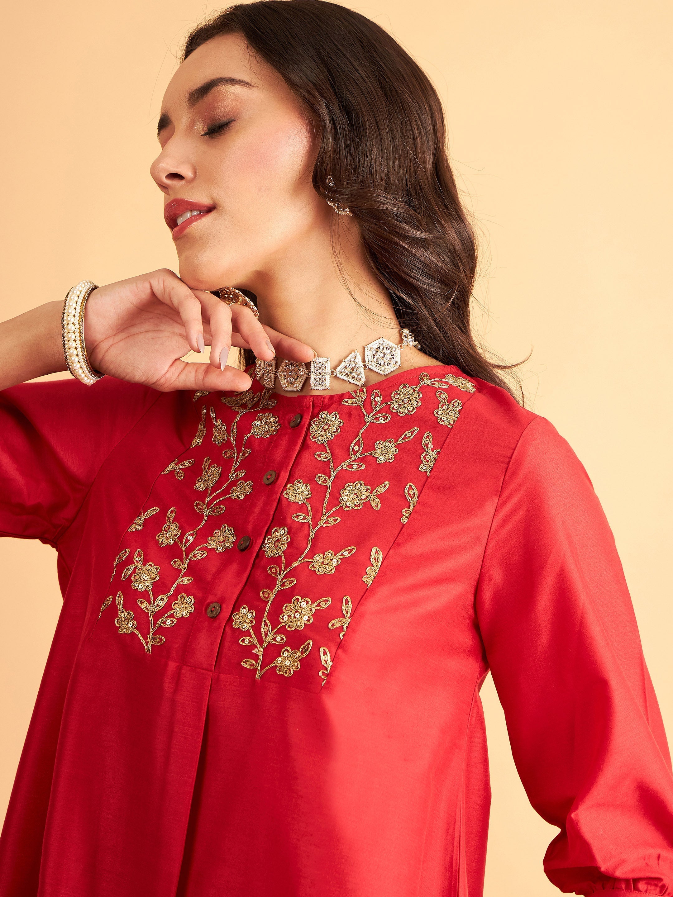 Women's Red Embroidered Top With Pants - Lyush