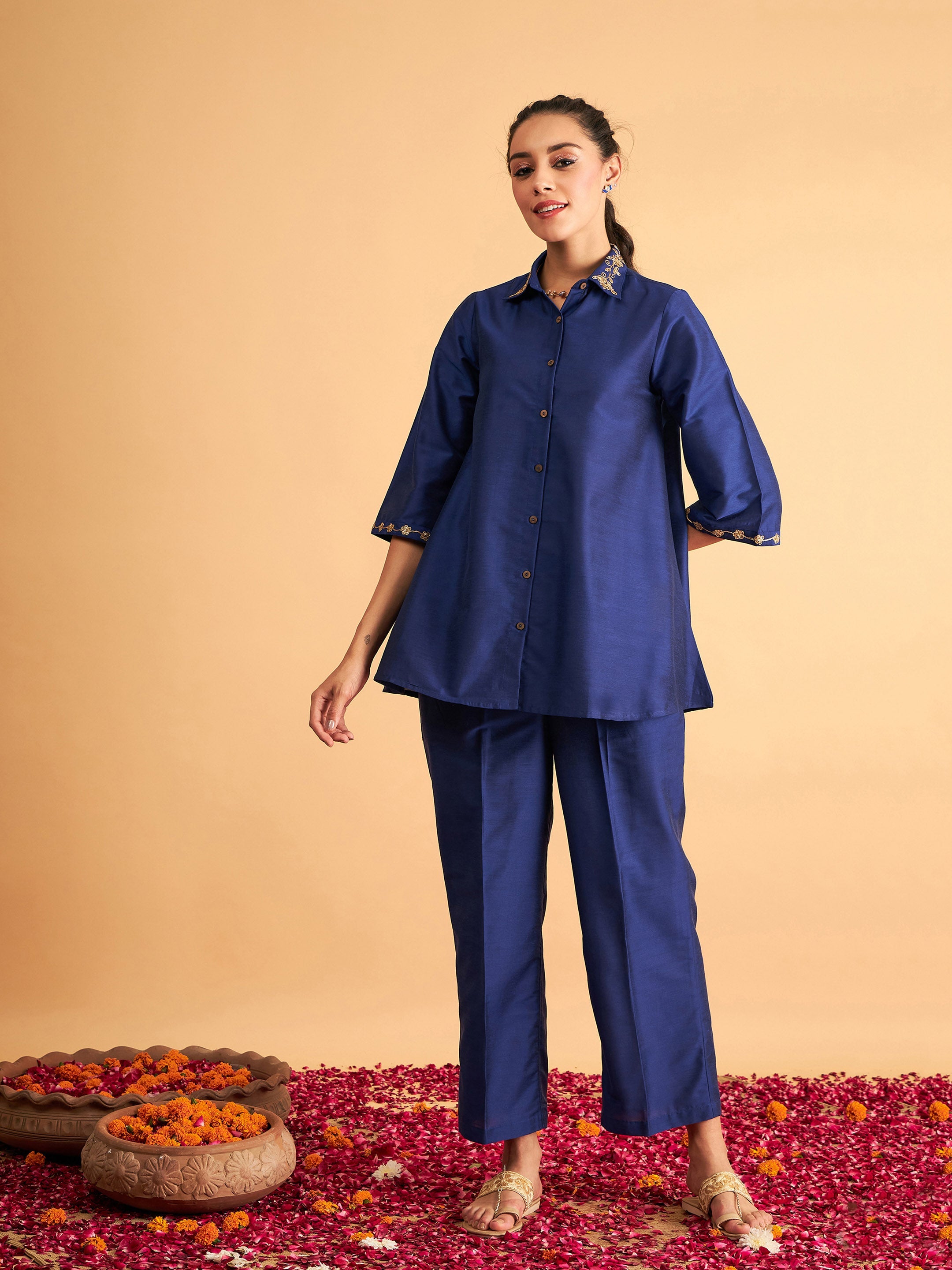 Women's Royal Blue Embroidered Collar Shirt With Pants - Lyush