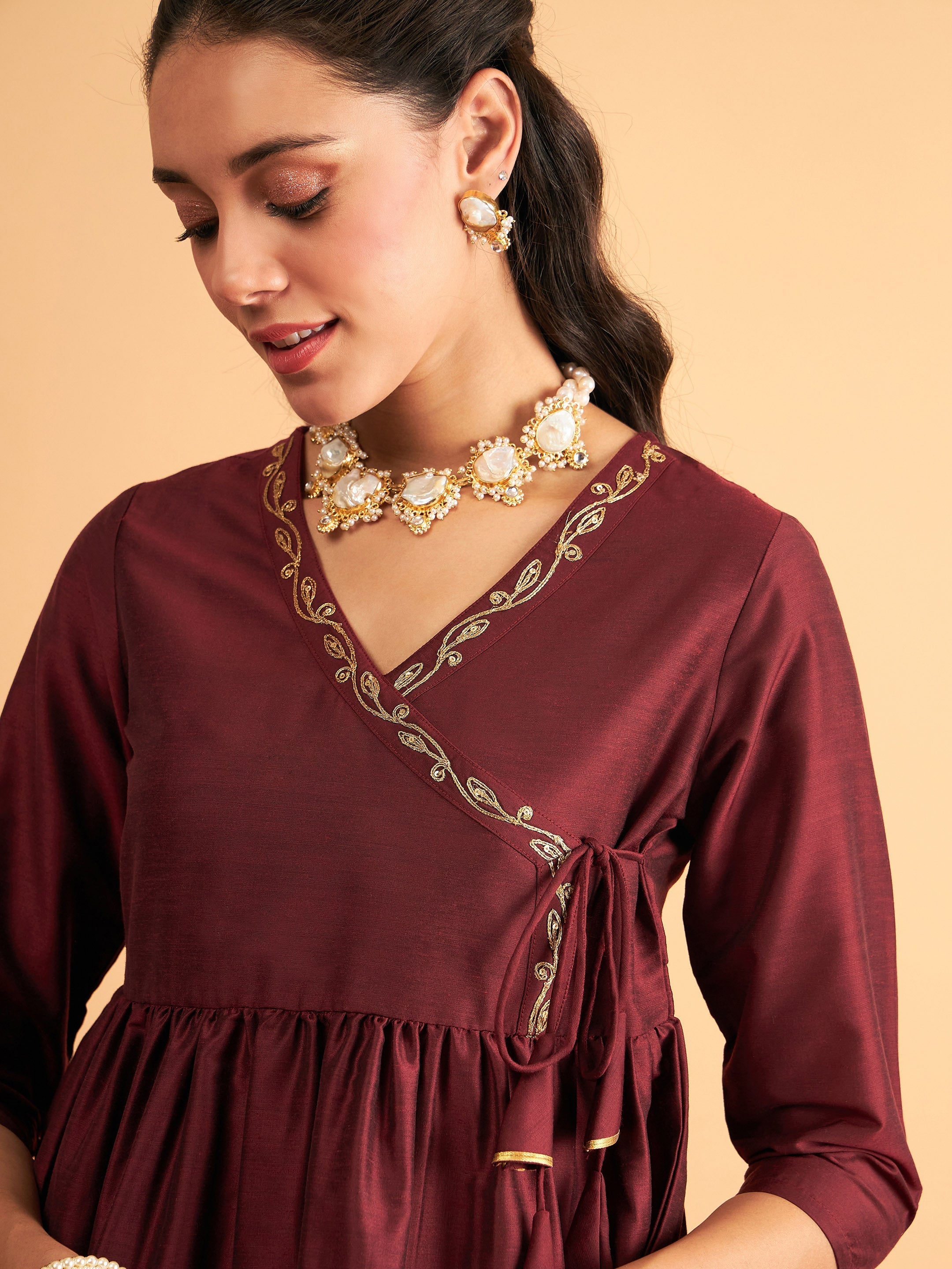 Women's Maroon Embroidered Wrap Peplum Top With Pants - Lyush