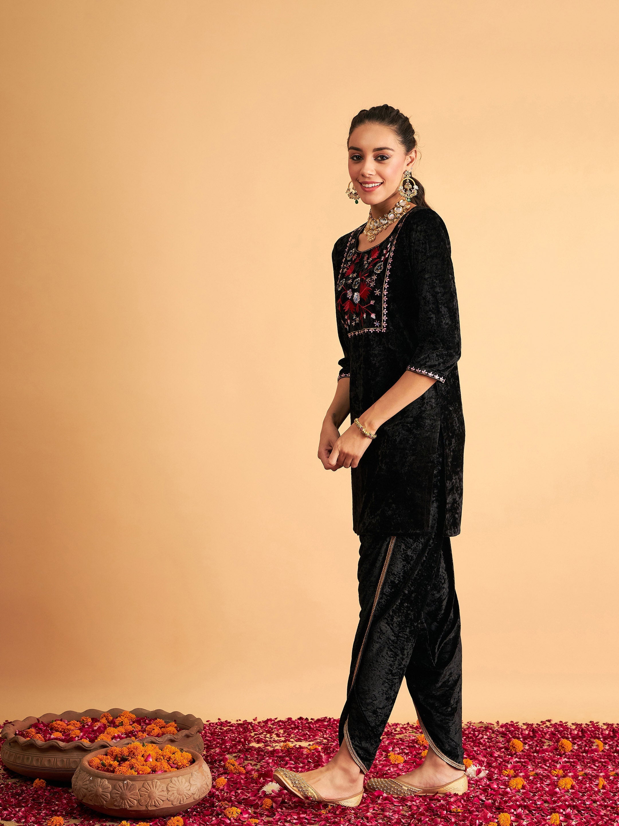 Women's Black Velvet Embroidered Short Kurta With Dhoti Pants - Lyush