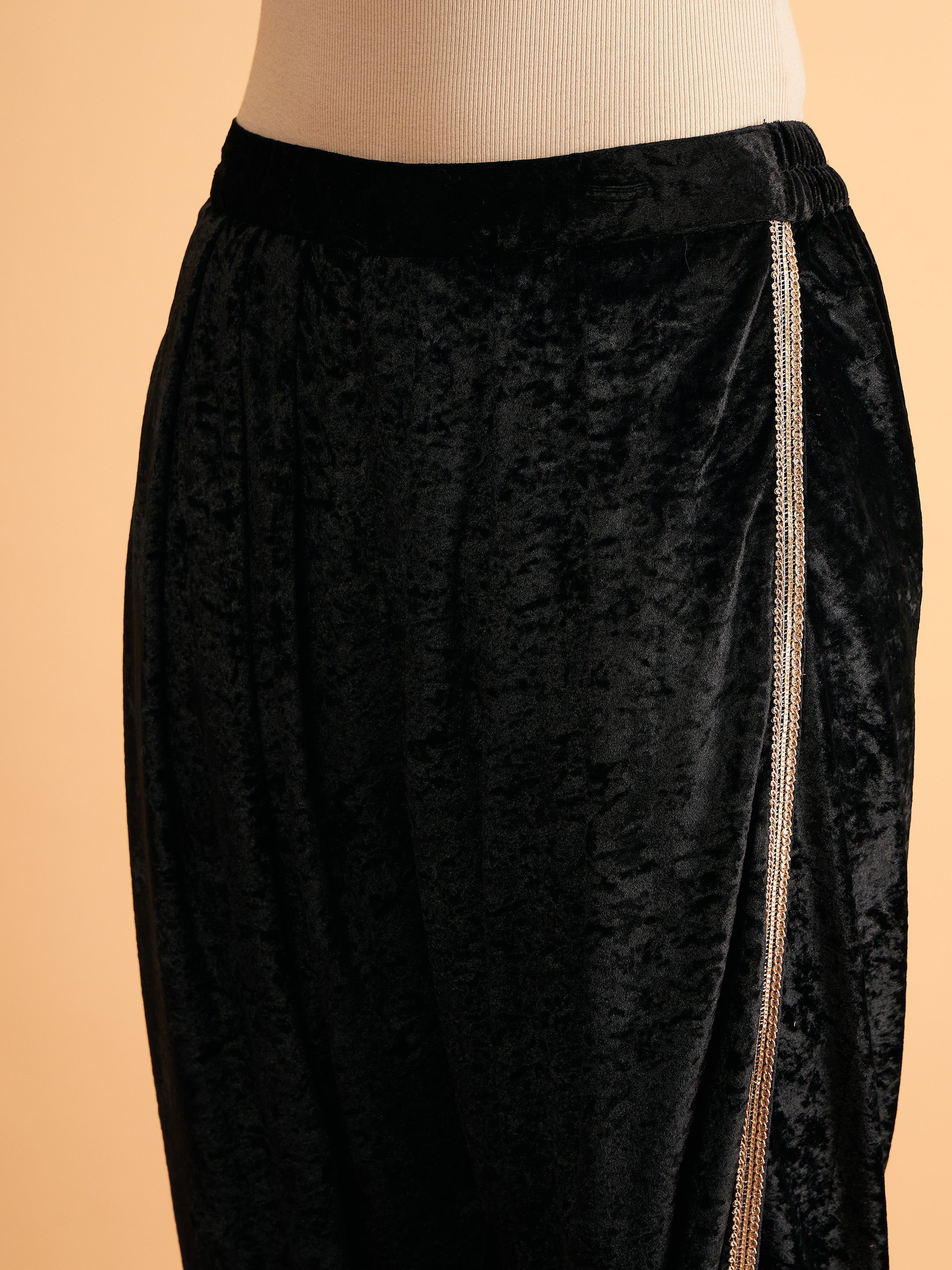 Women's Black Velvet Embroidered Short Kurta With Dhoti Pants - Lyush