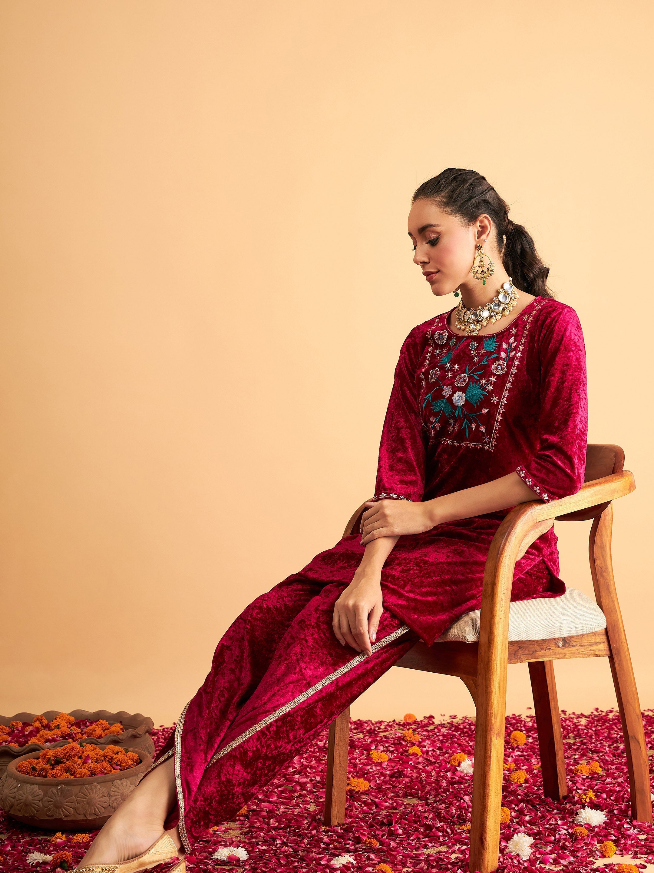 Women's Fuchsia Velvet Embroidered Short Kurta With Dhoti Pants - Lyush