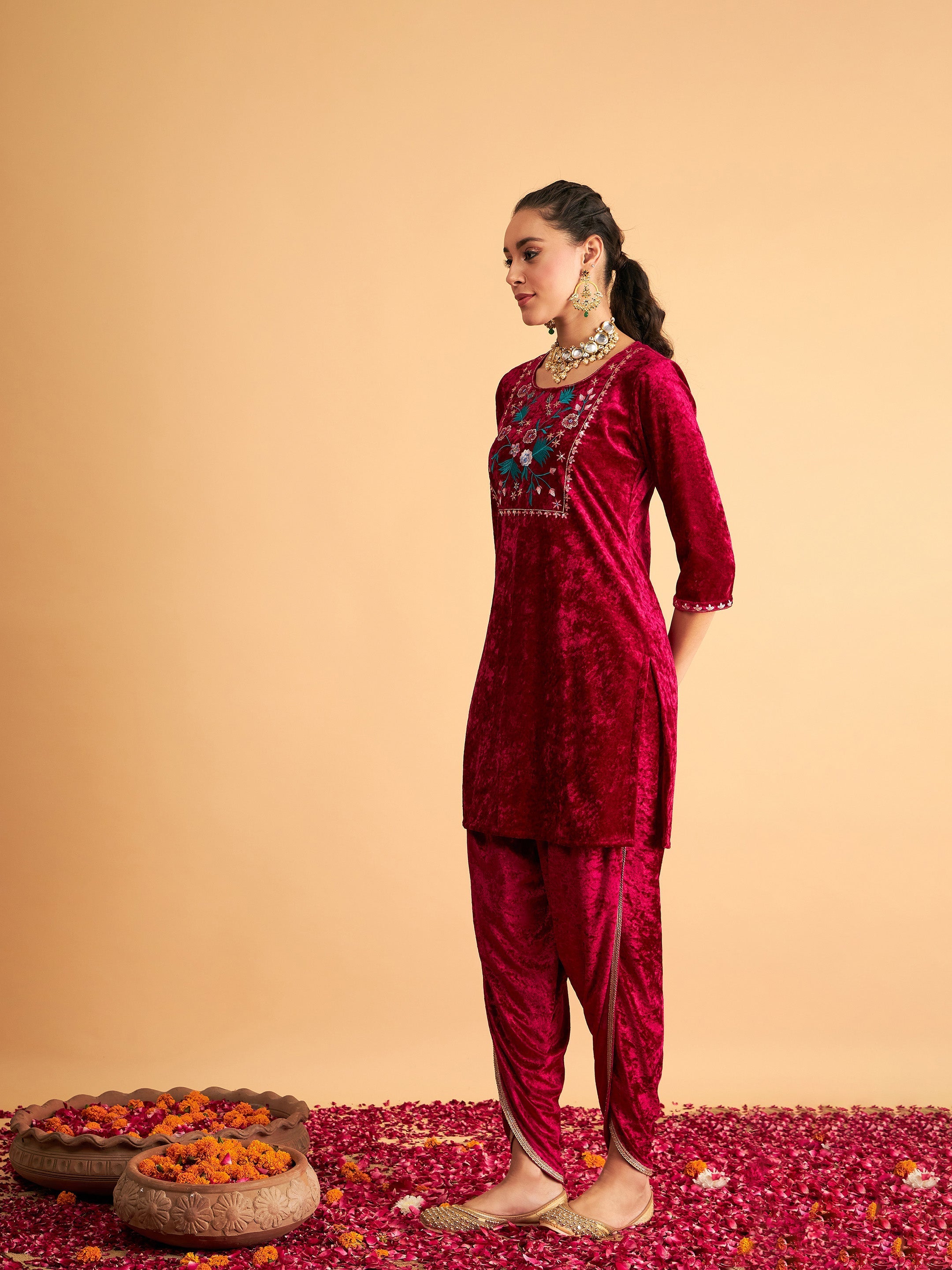 Women's Fuchsia Velvet Embroidered Short Kurta With Dhoti Pants - Lyush