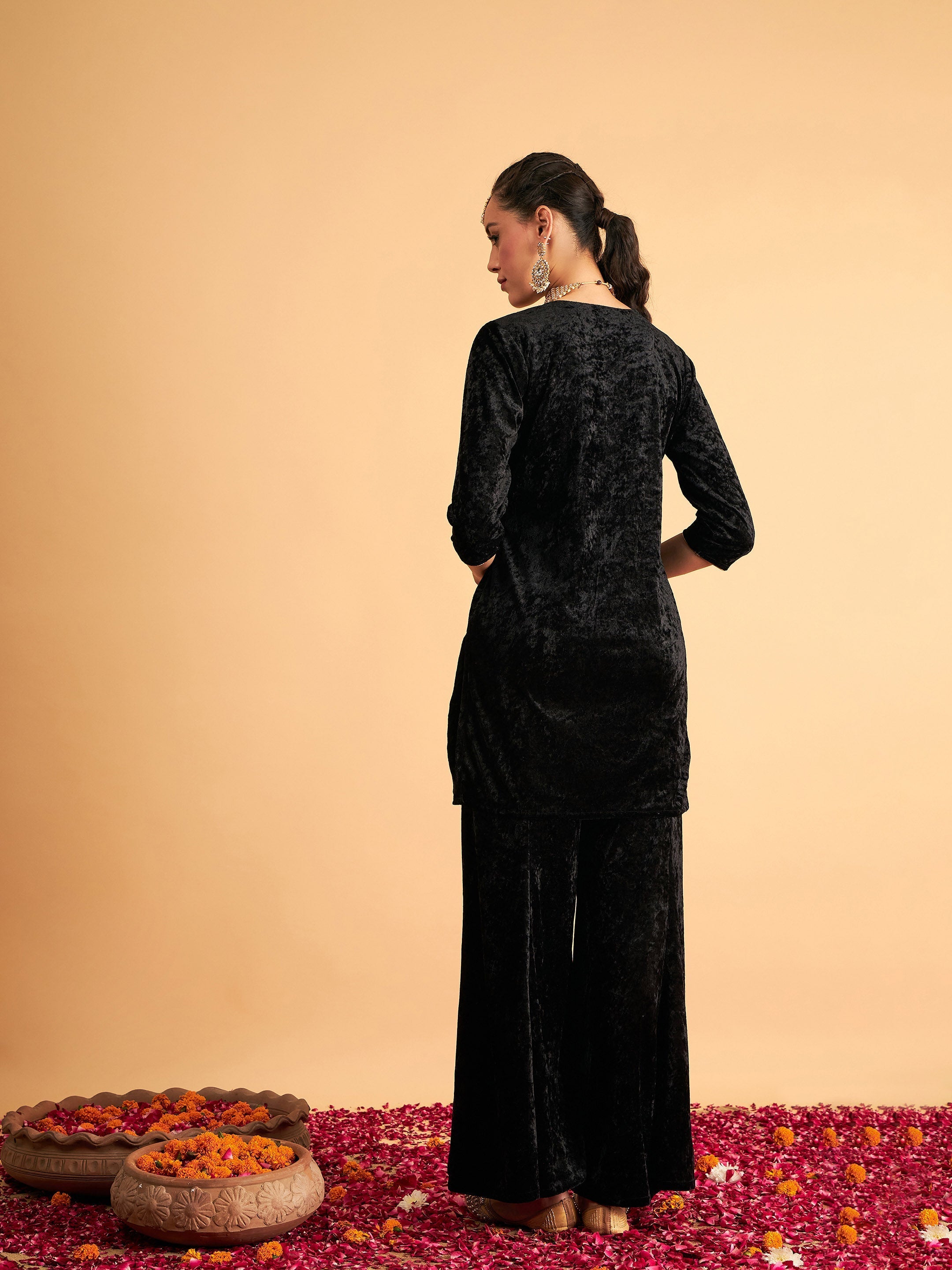 Women's Black Velvet Embroidered Short Kurta With Palazzos - Lyush