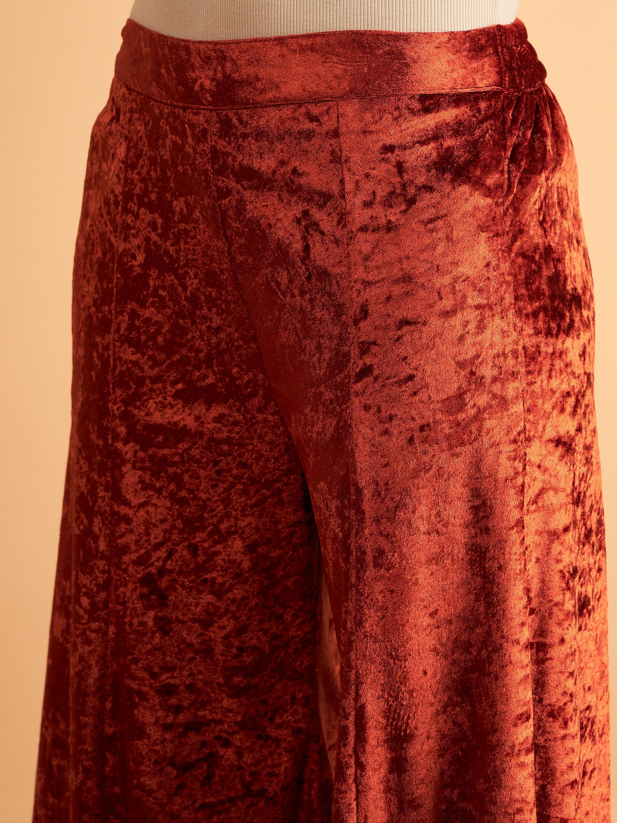 Women's Rust Velvet Embroidered Short Kurta With Palazzos - Lyush