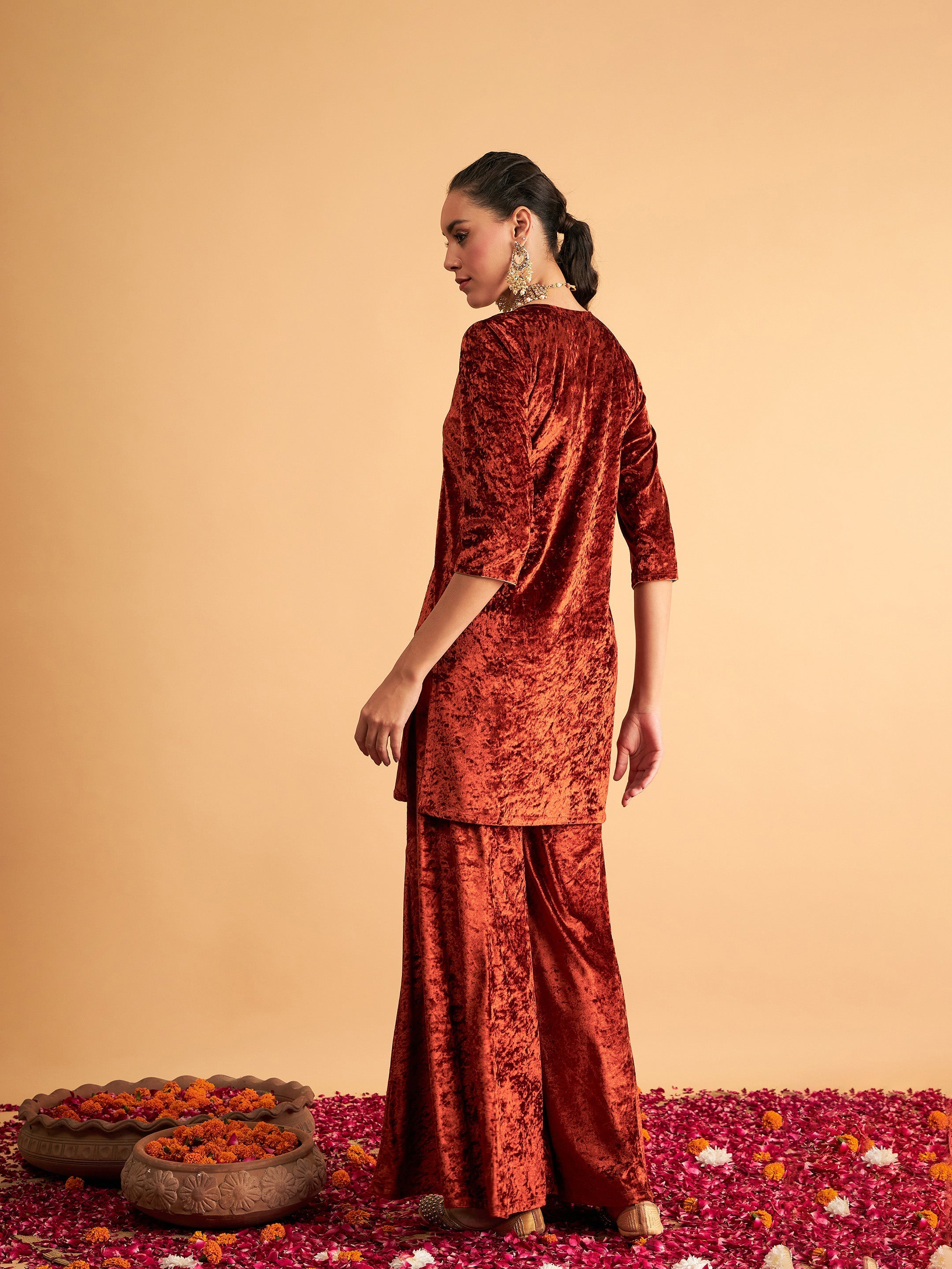 Women's Rust Velvet Embroidered Short Kurta With Palazzos - Lyush