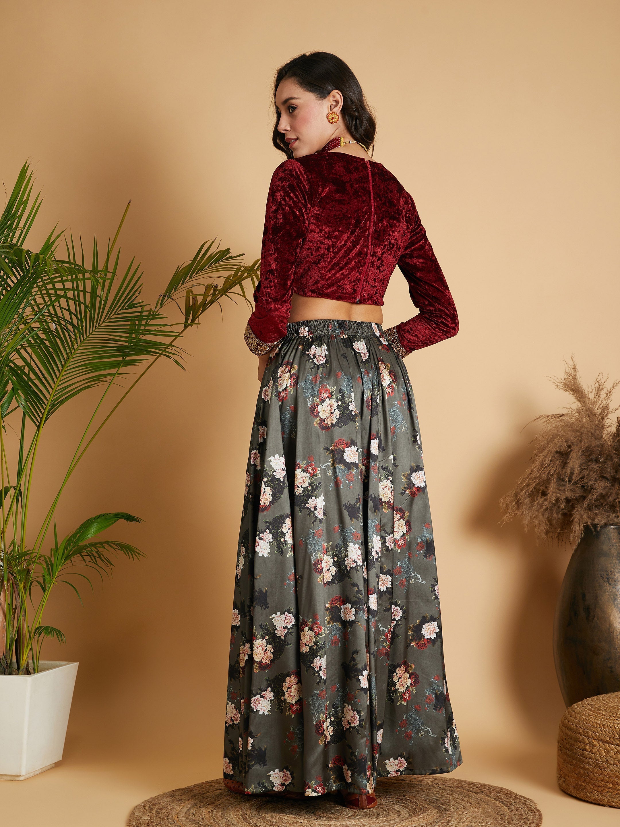 Women's Olive Floral Skirt With Maroon Velvet Crop Top - Lyush