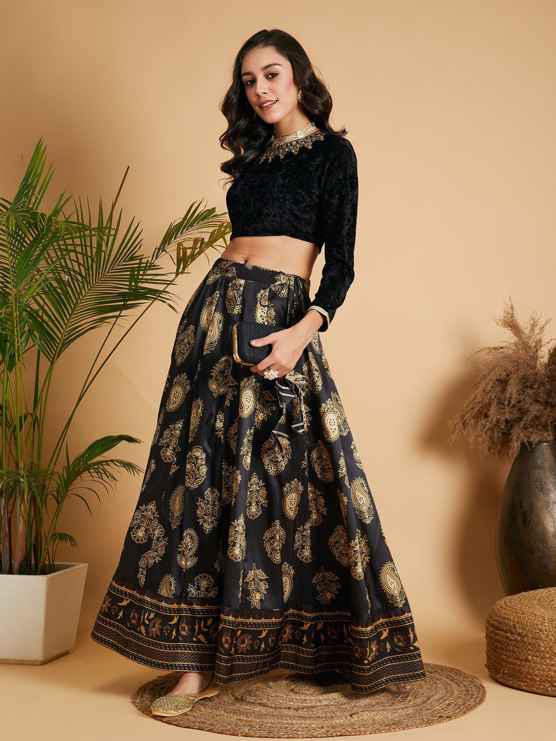 Women's Black Floral Skirt With Black Velvet Crop Top - Lyush