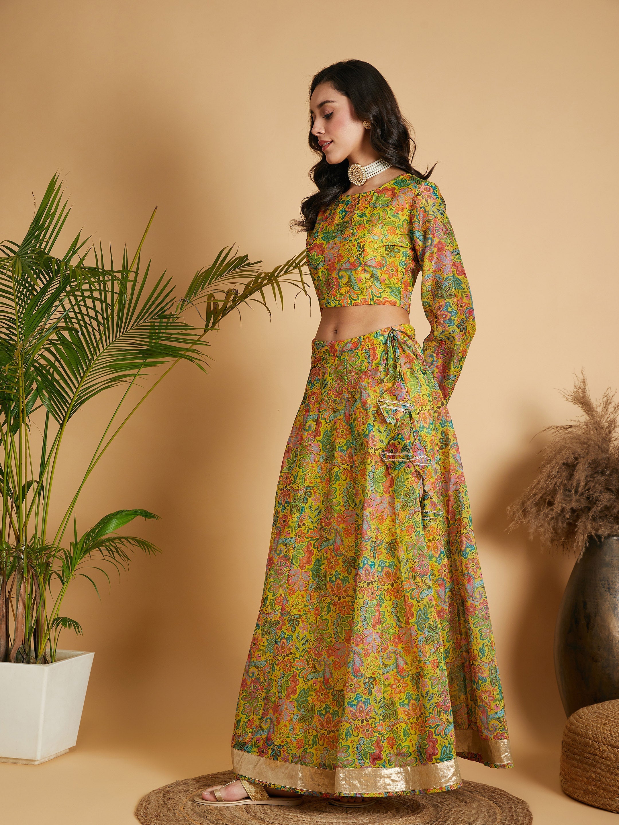 Women's Lemon Yellow Floral Anarkali Skirt With Crop Top - Lyush