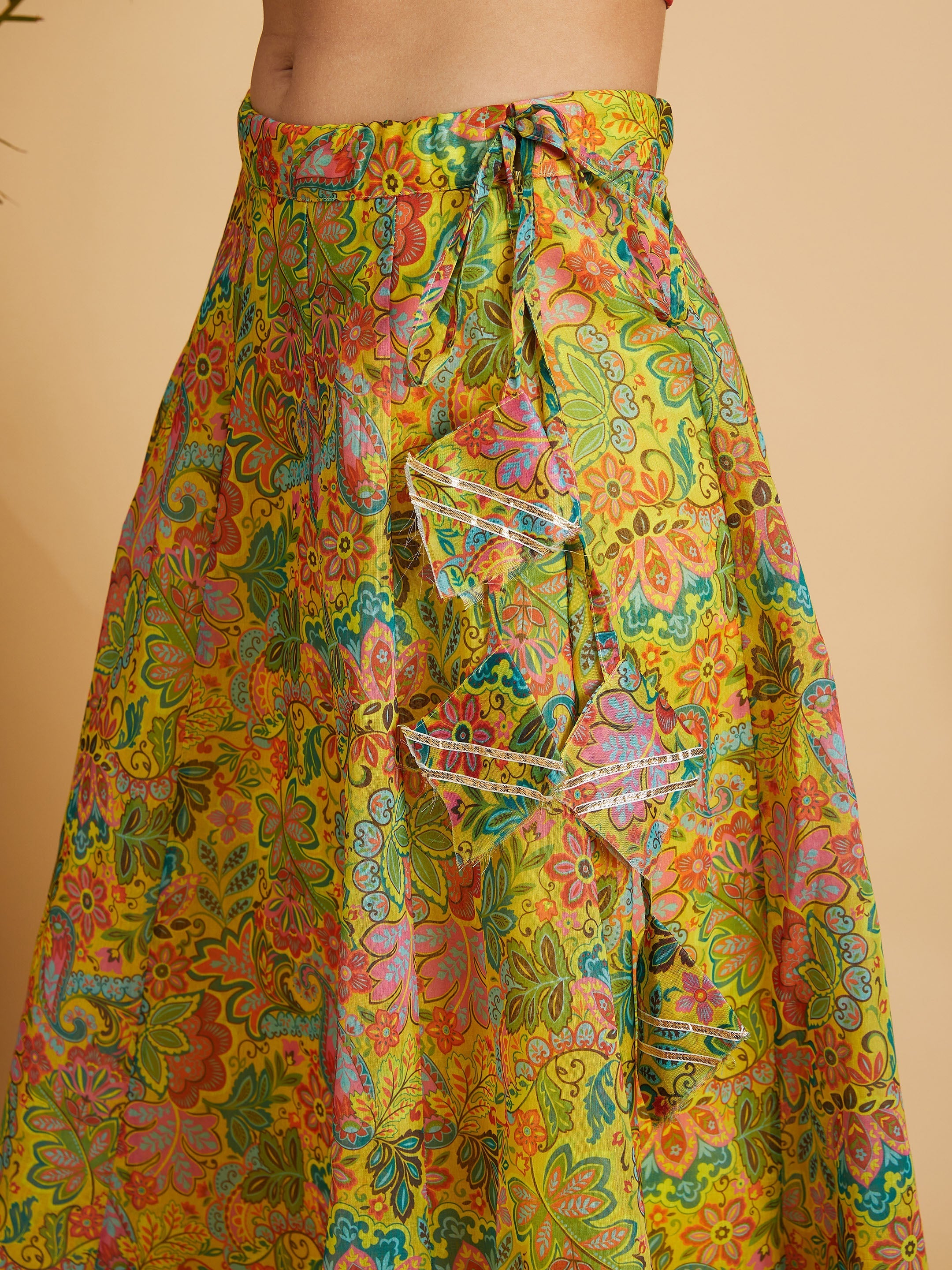 Women's Lemon Yellow Floral Anarkali Skirt With Crop Top - Lyush