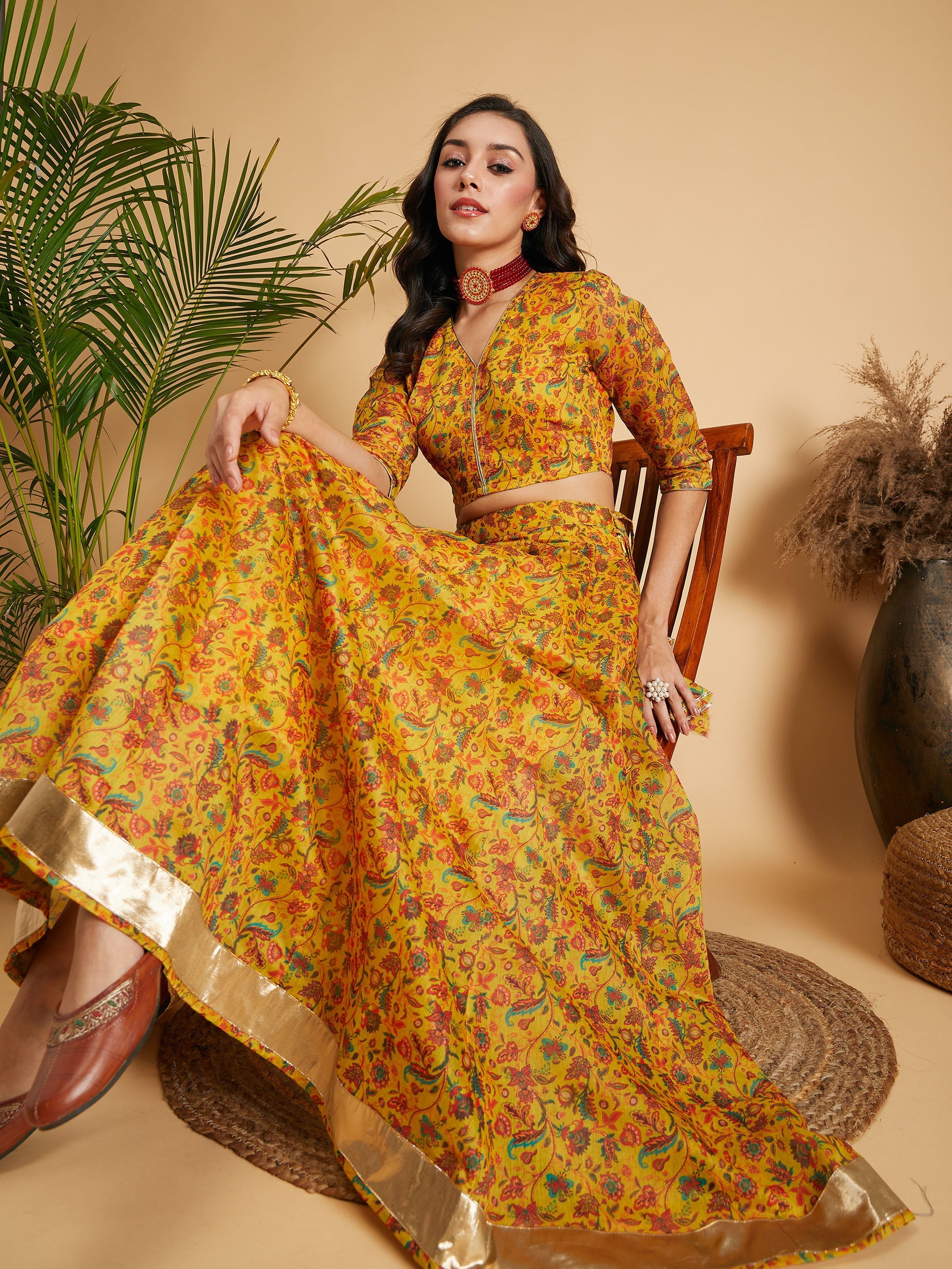Women's Mustard Floral Anarkali Skirt With Crop Top - Lyush