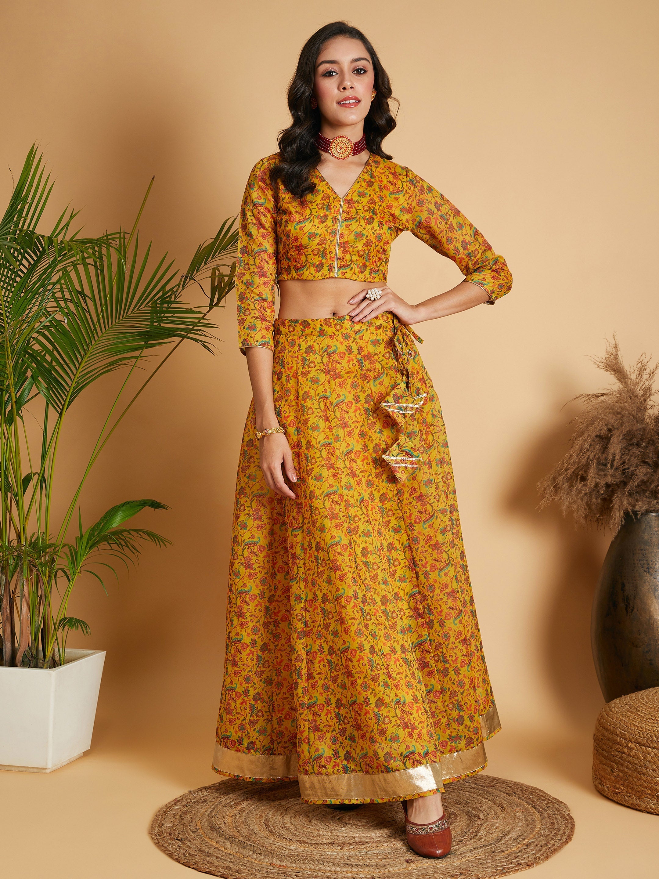 Women's Mustard Floral Anarkali Skirt With Crop Top - Lyush