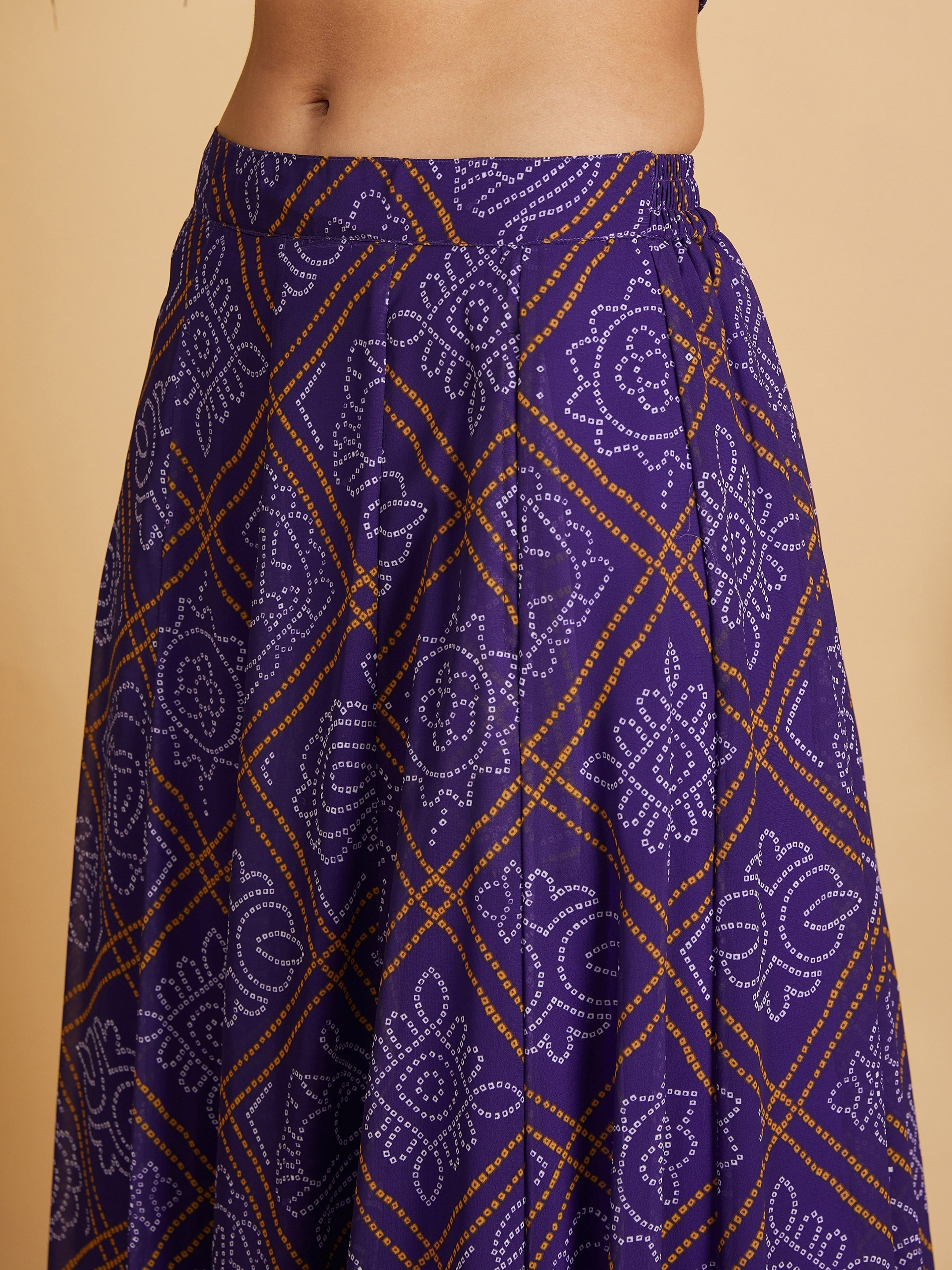 Women's Purple & White Bandhej Anarkali Skirt With Crop Top - Lyush