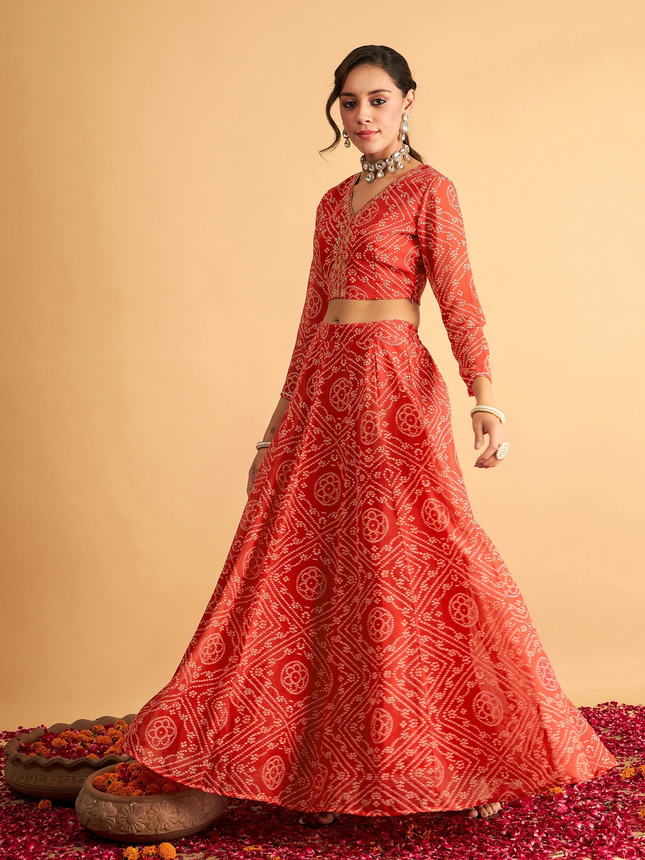 Women's Red & White Bandhej Anarkali Skirt With Crop Top - Lyush