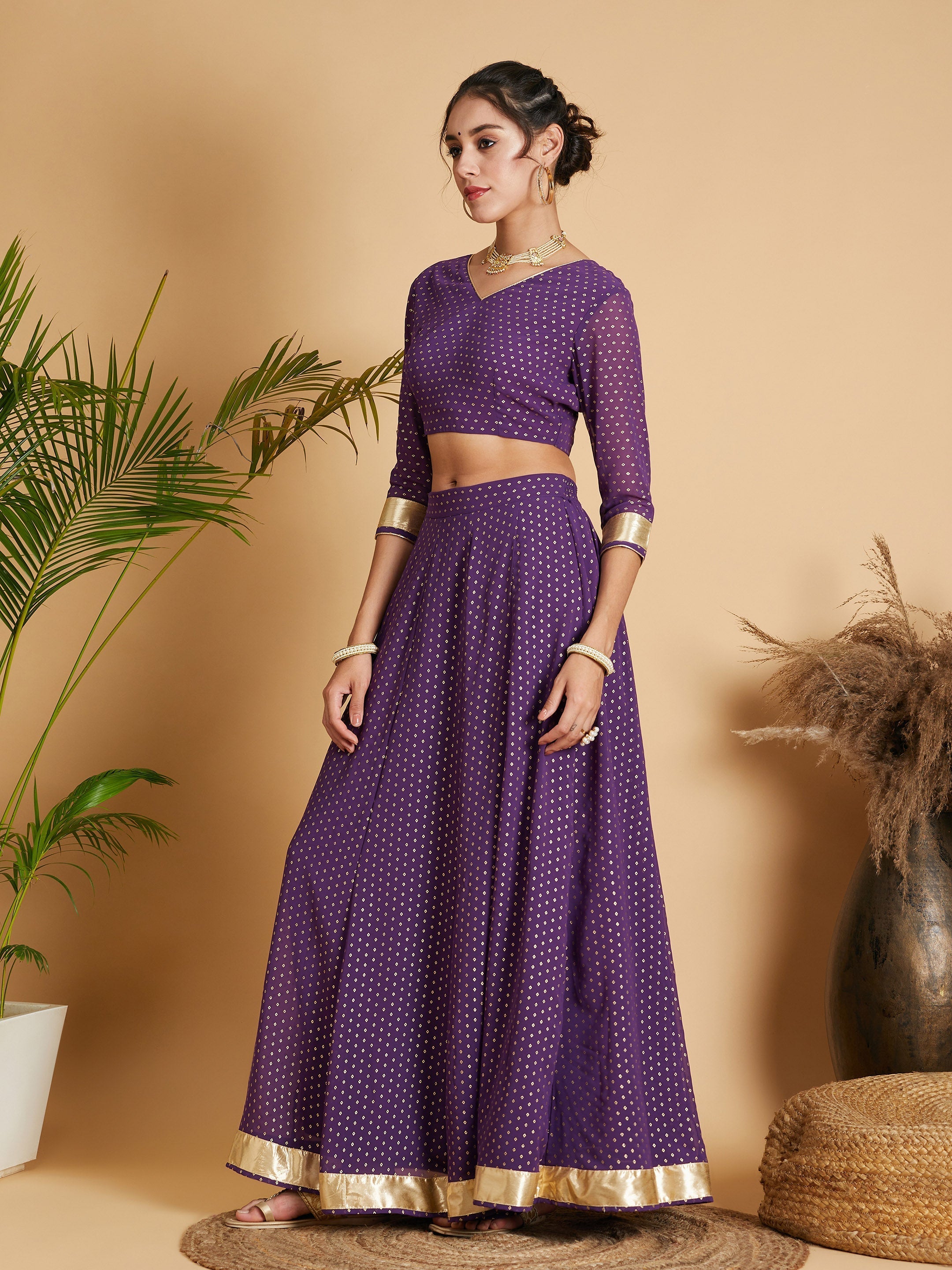 Women's Purple Dot Foil Print Anarkali Skirt With Crop Top - Lyush