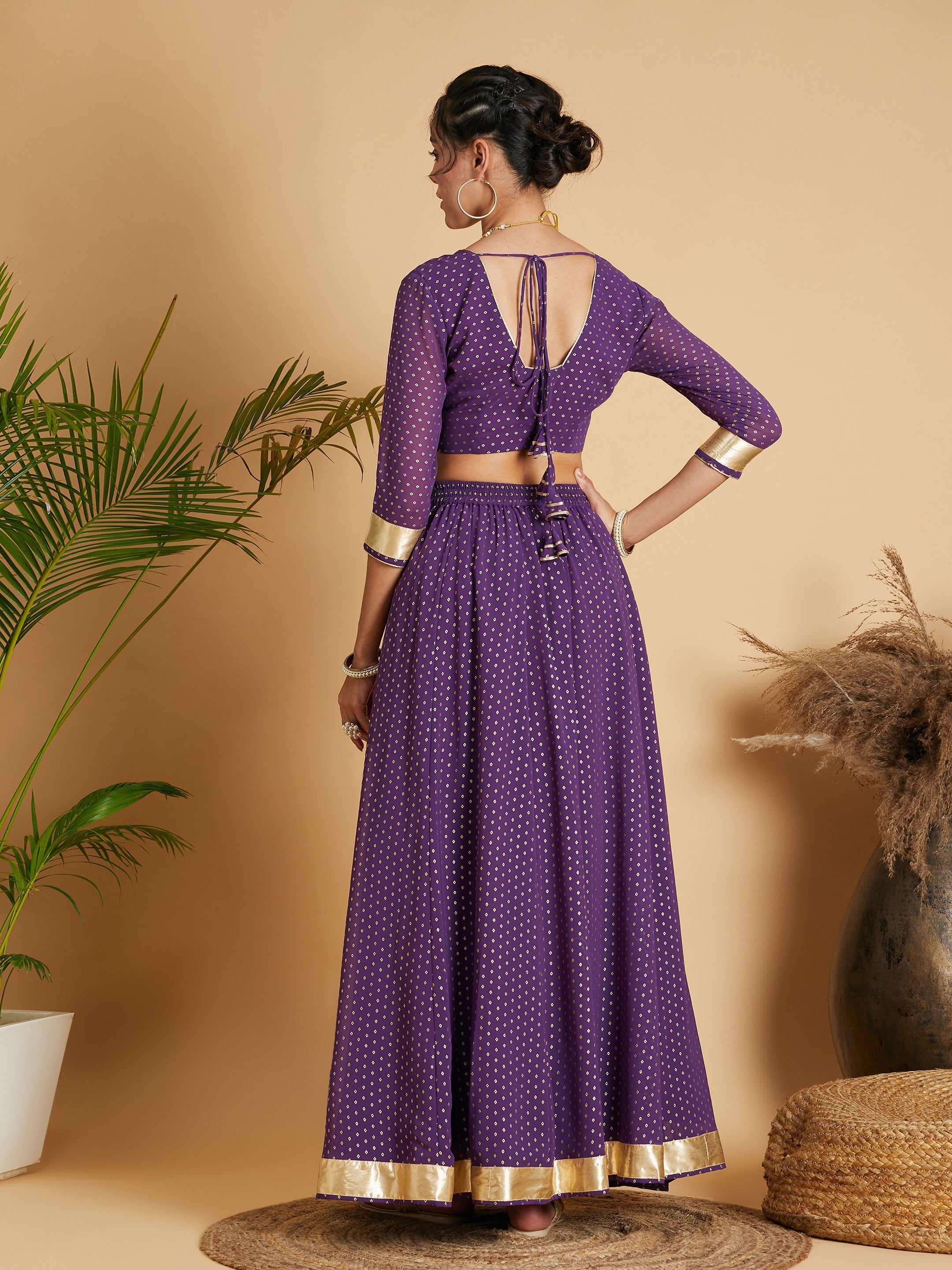 Women's Purple Dot Foil Print Anarkali Skirt With Crop Top - Lyush