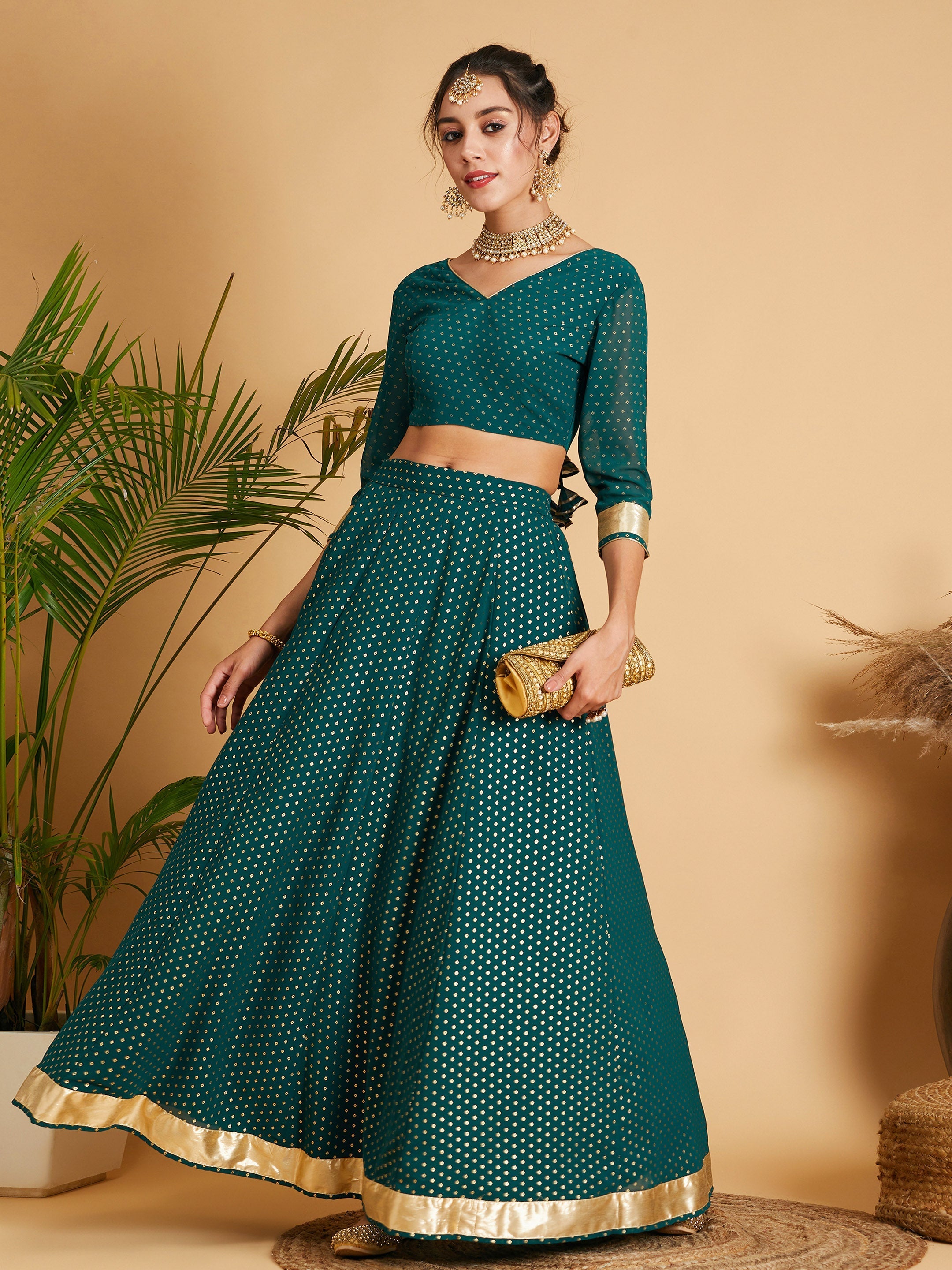 Women's Emerald Dot Foil Print Anarkali Skirt With Crop Top - Lyush