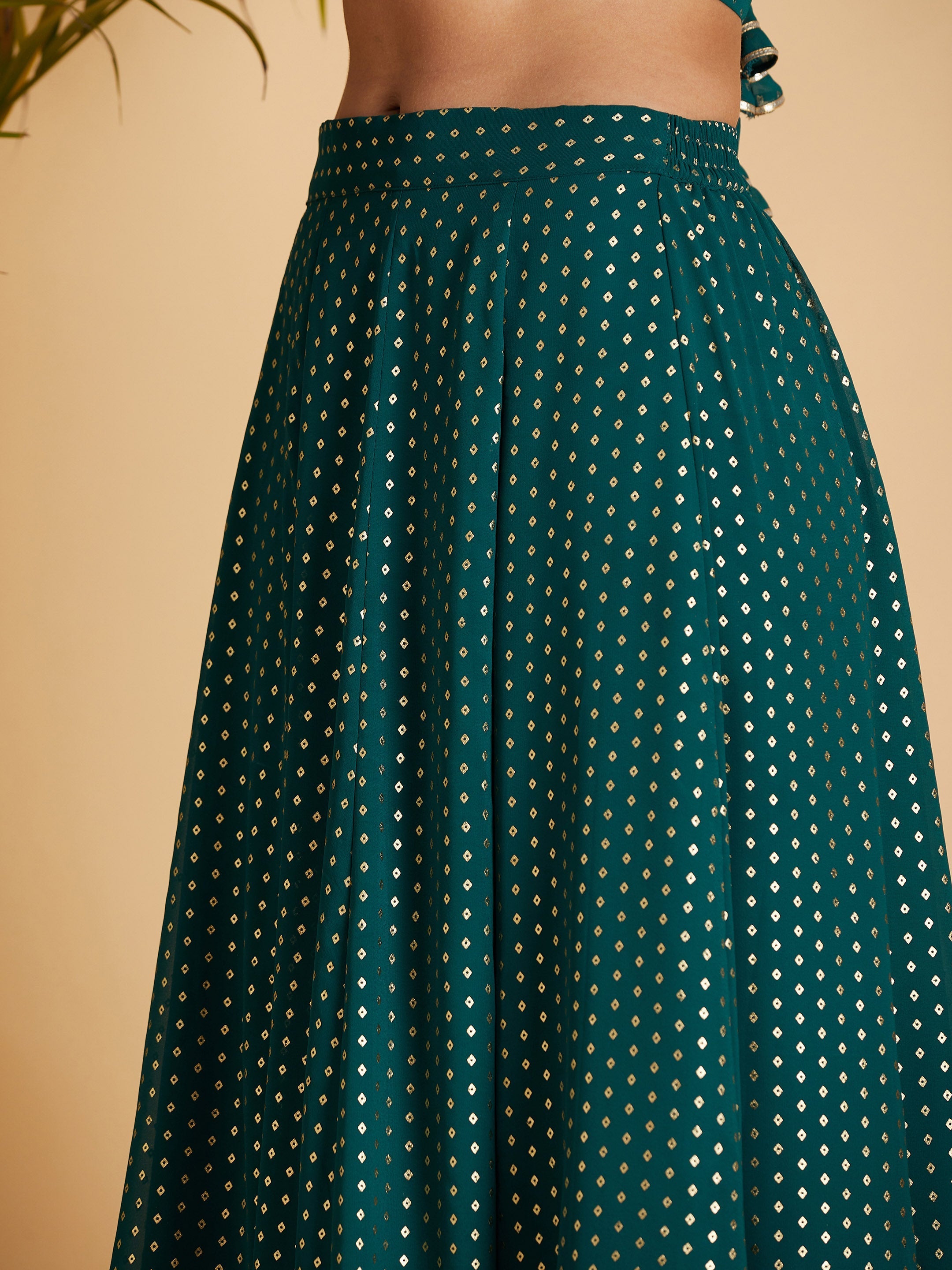 Women's Emerald Dot Foil Print Anarkali Skirt With Crop Top - Lyush
