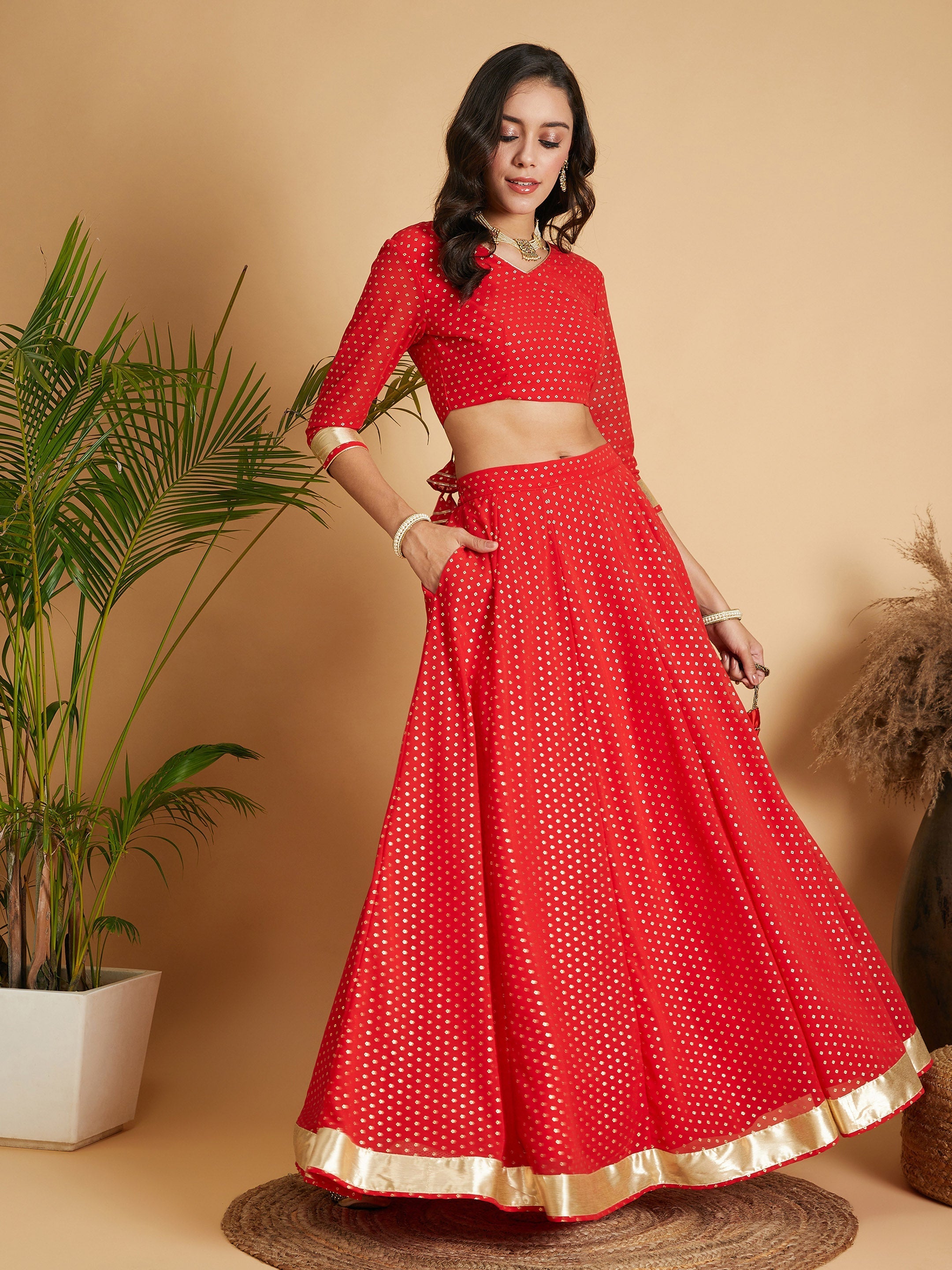 Women's Red Dot Foil Print Anarkali Skirt With Crop Top - Lyush