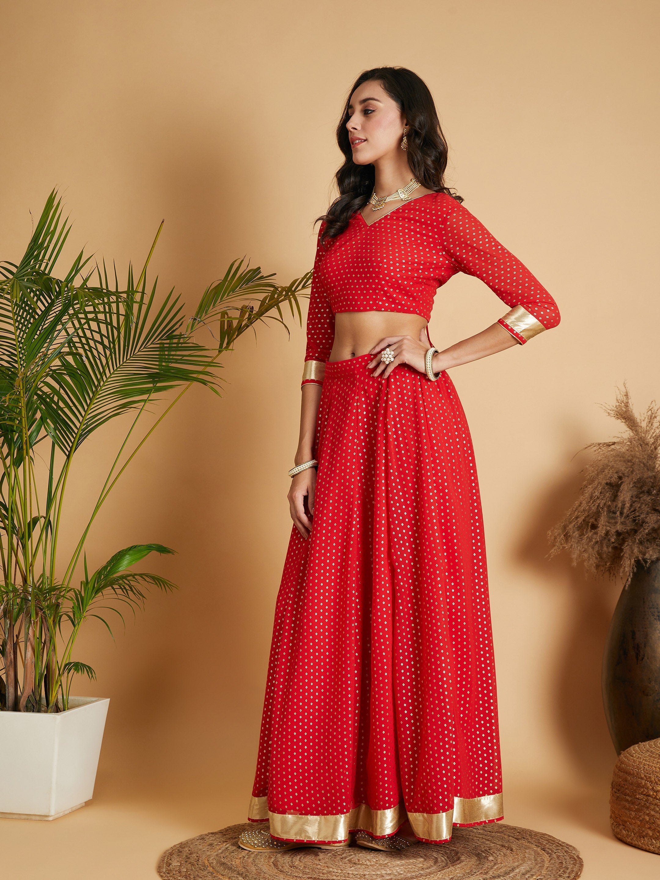 Women's Red Dot Foil Print Anarkali Skirt With Crop Top - Lyush