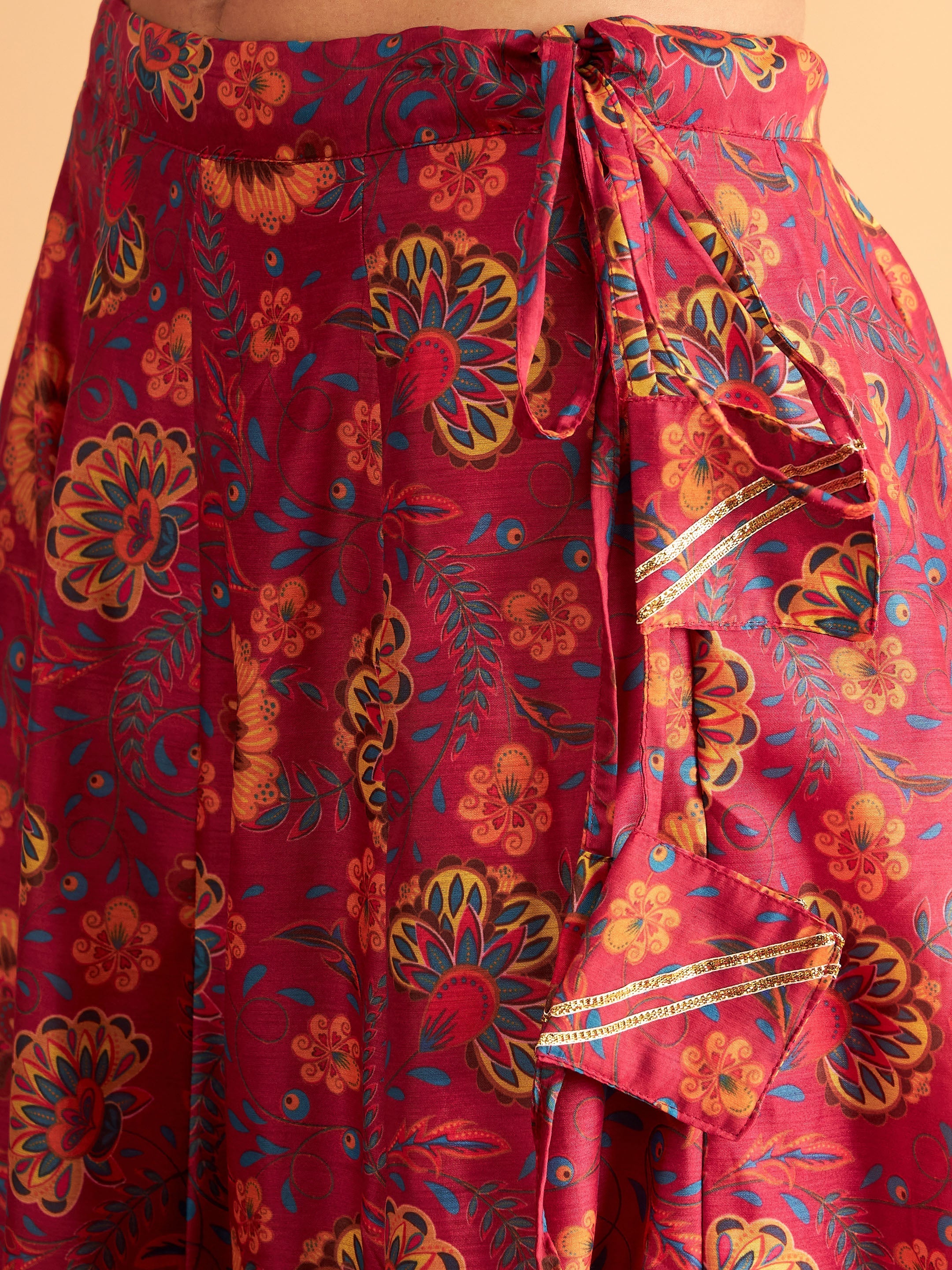 Women's Fuchsia Floral Anarkali Skirt With Crop Top - Lyush