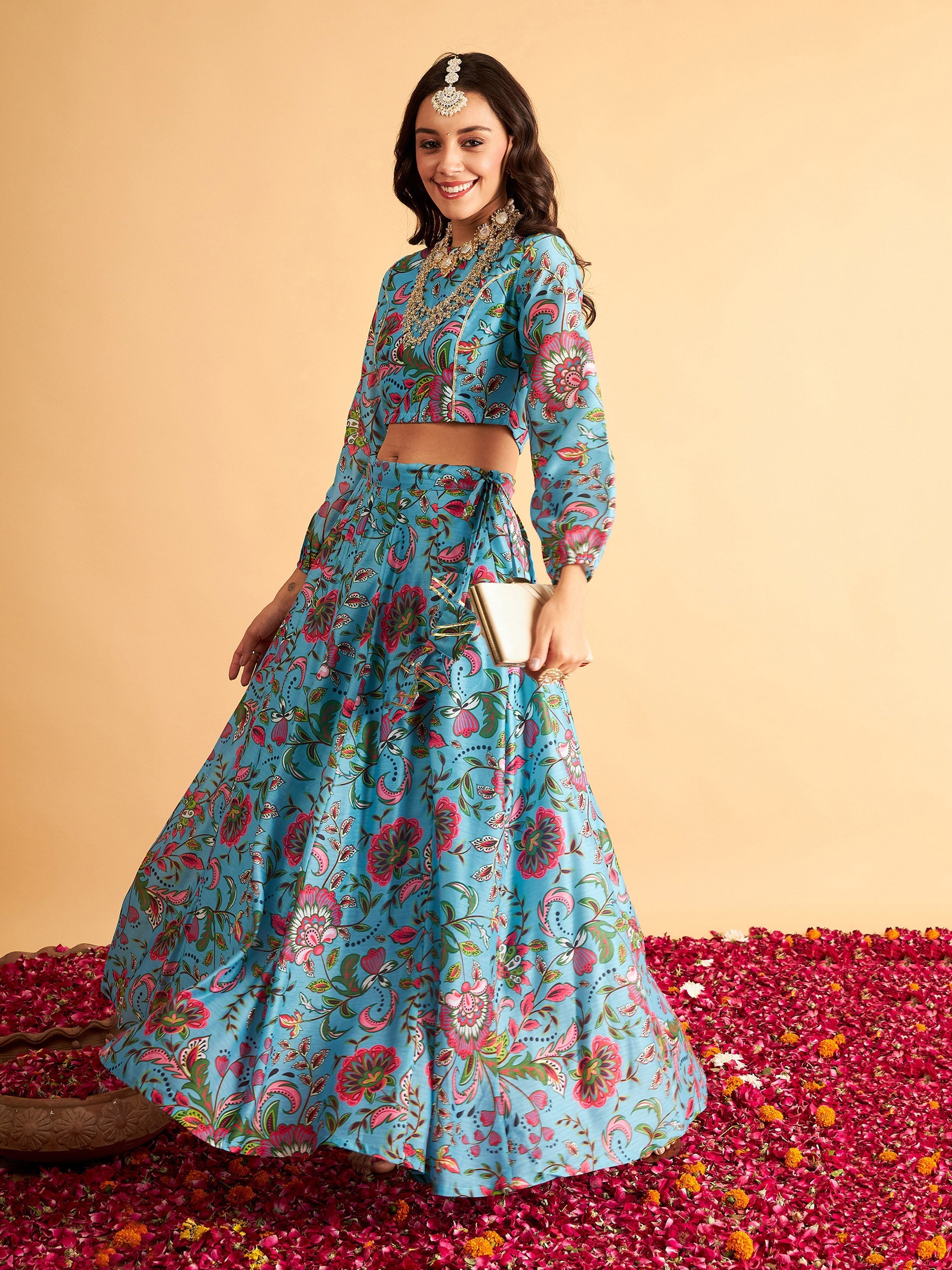 Women's Blue Floral Anarkali Skirt With Crop Top - Lyush