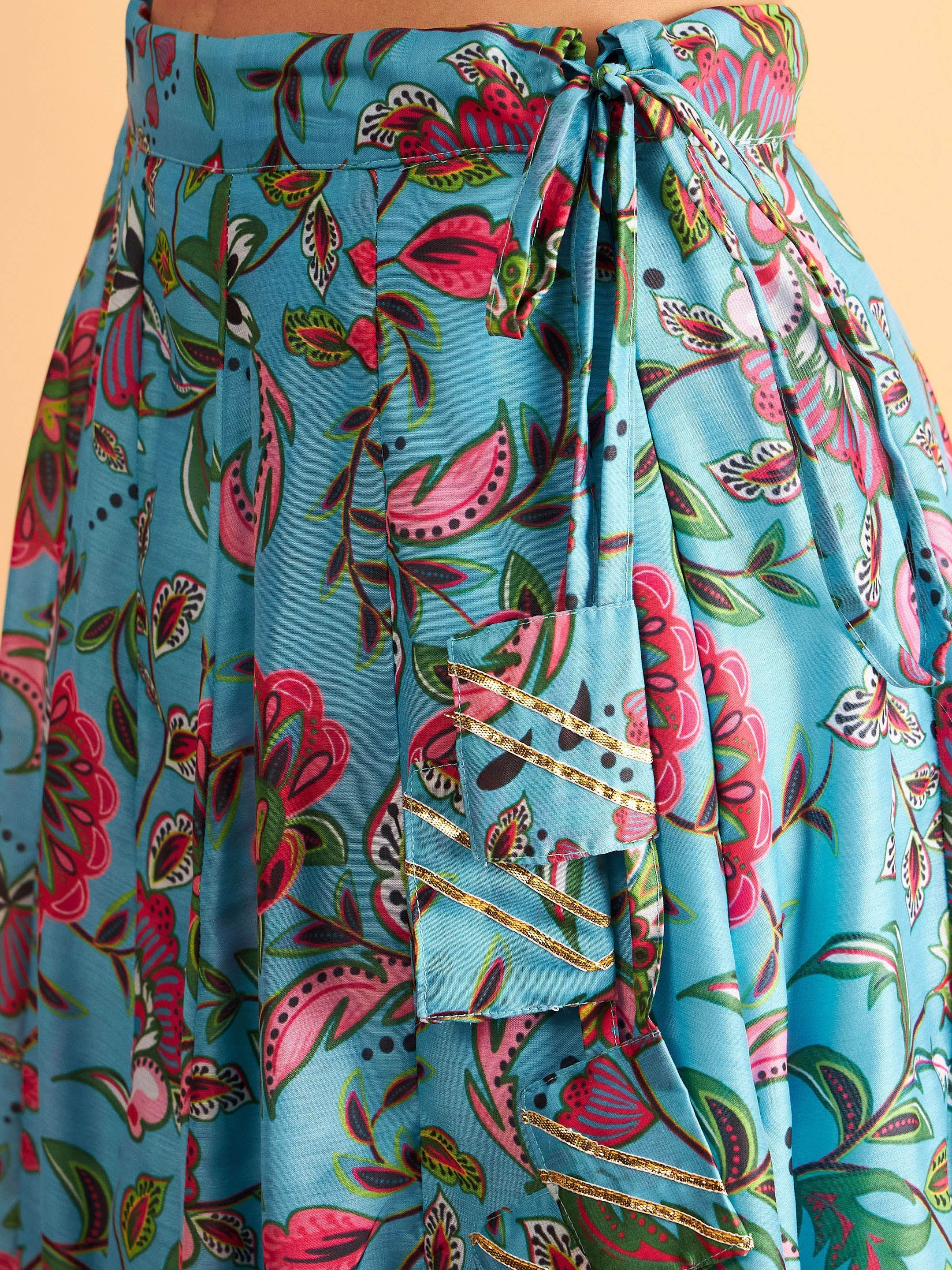 Women's Blue Floral Anarkali Skirt With Crop Top - Lyush
