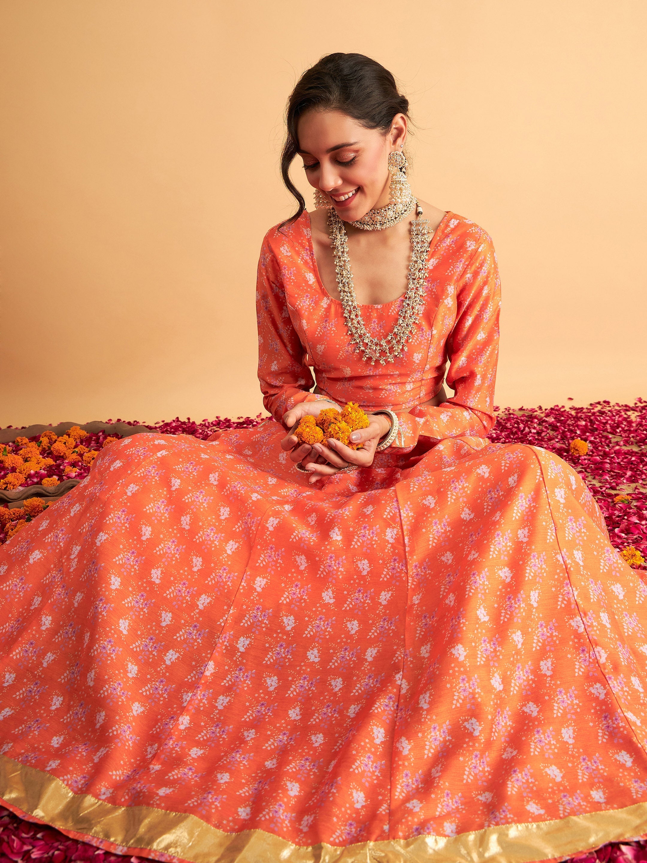 Women's Orange Floral Anarkali Side Pocket Skirt With Crop Top - Lyush