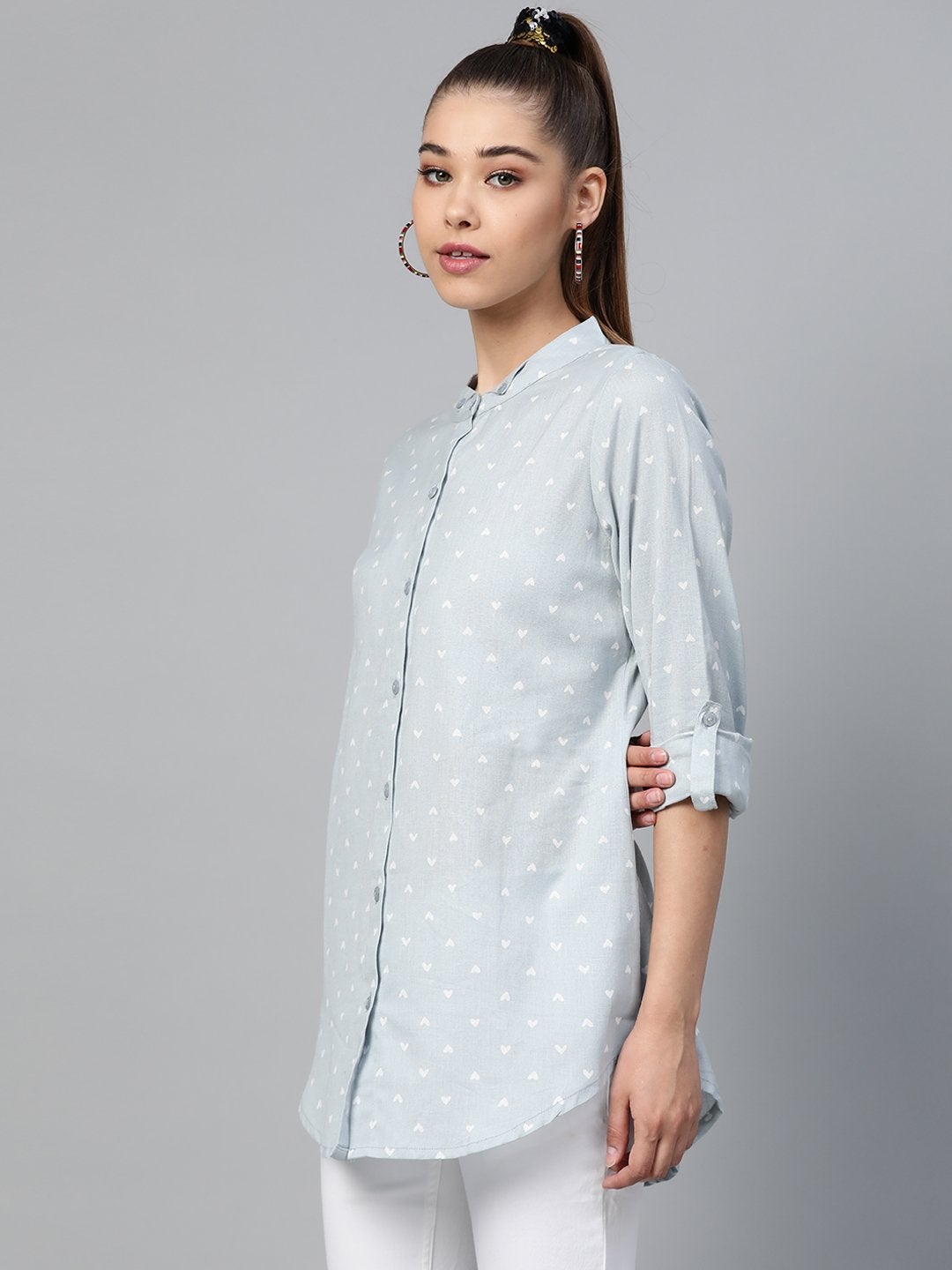 Women's Blue Heart Print High Low Shirt - SASSAFRAS