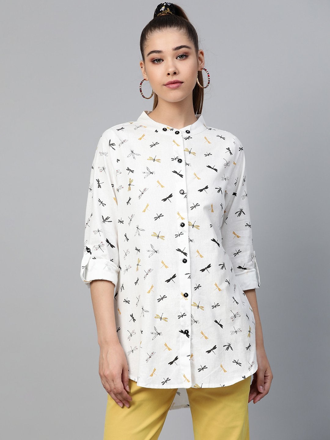 Women's White Drangonfly Print High Low Shirt - SASSAFRAS