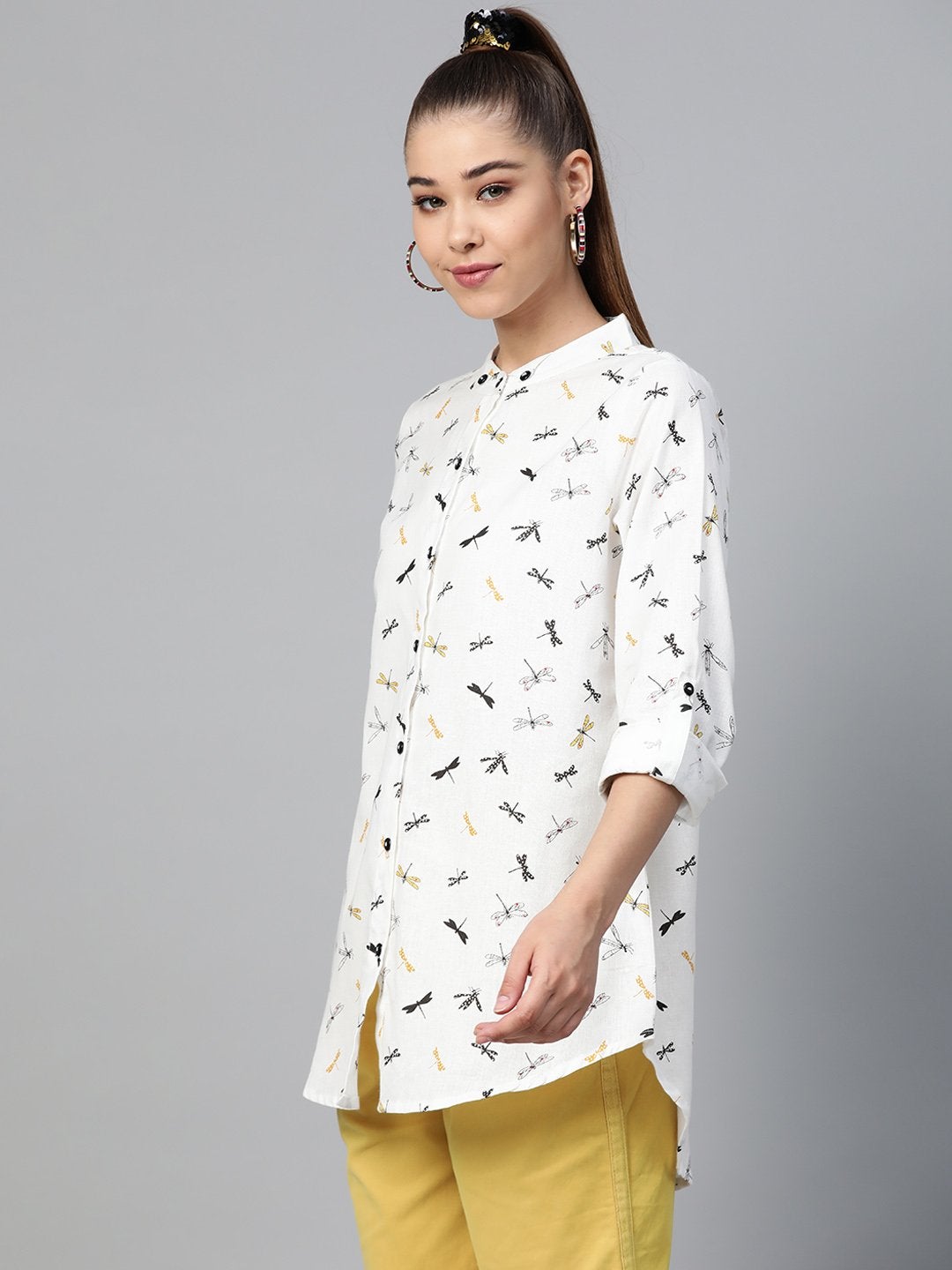 Women's White Drangonfly Print High Low Shirt - SASSAFRAS