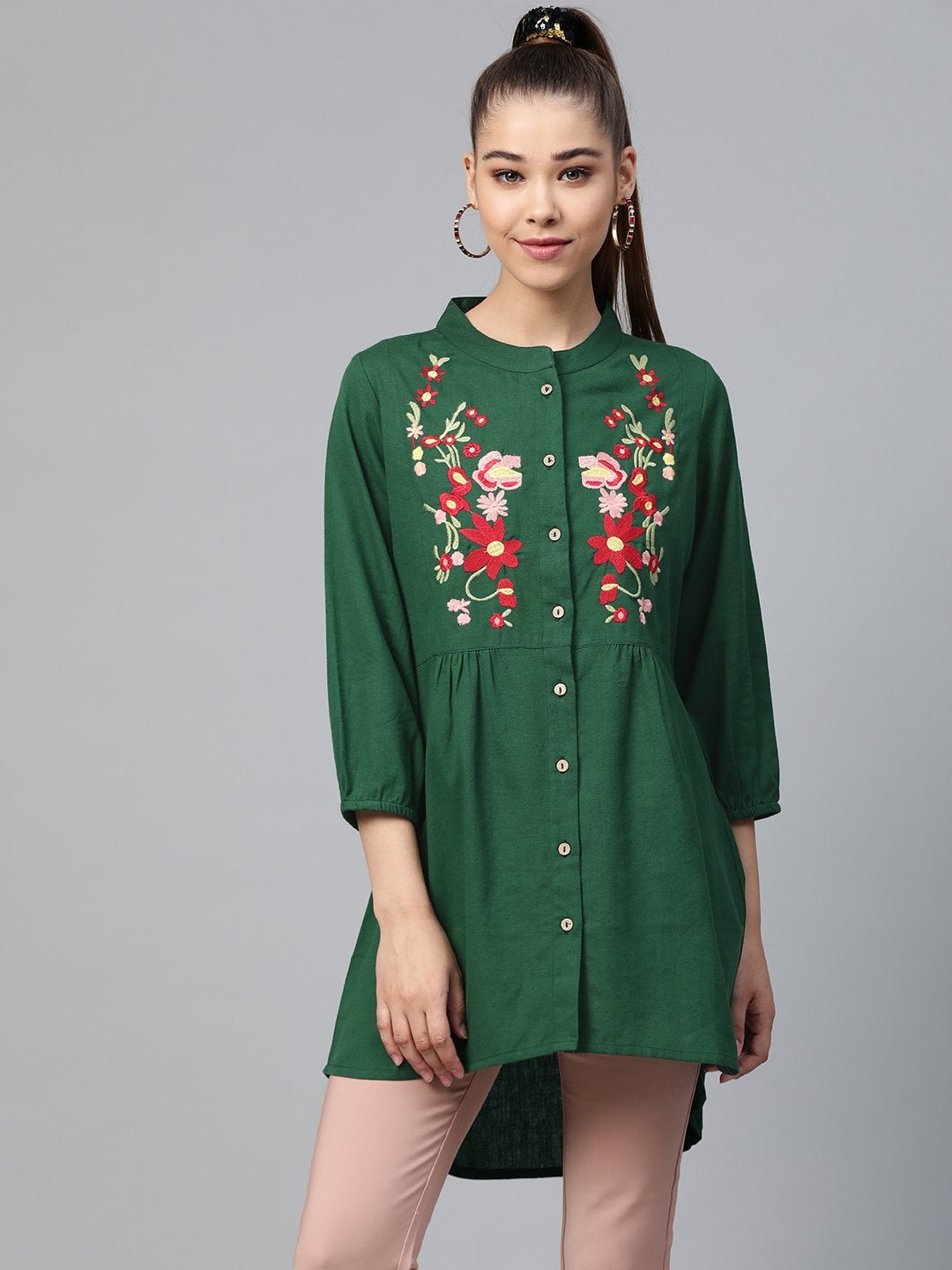 Women's Green Front Embroidery Shirt - SASSAFRAS