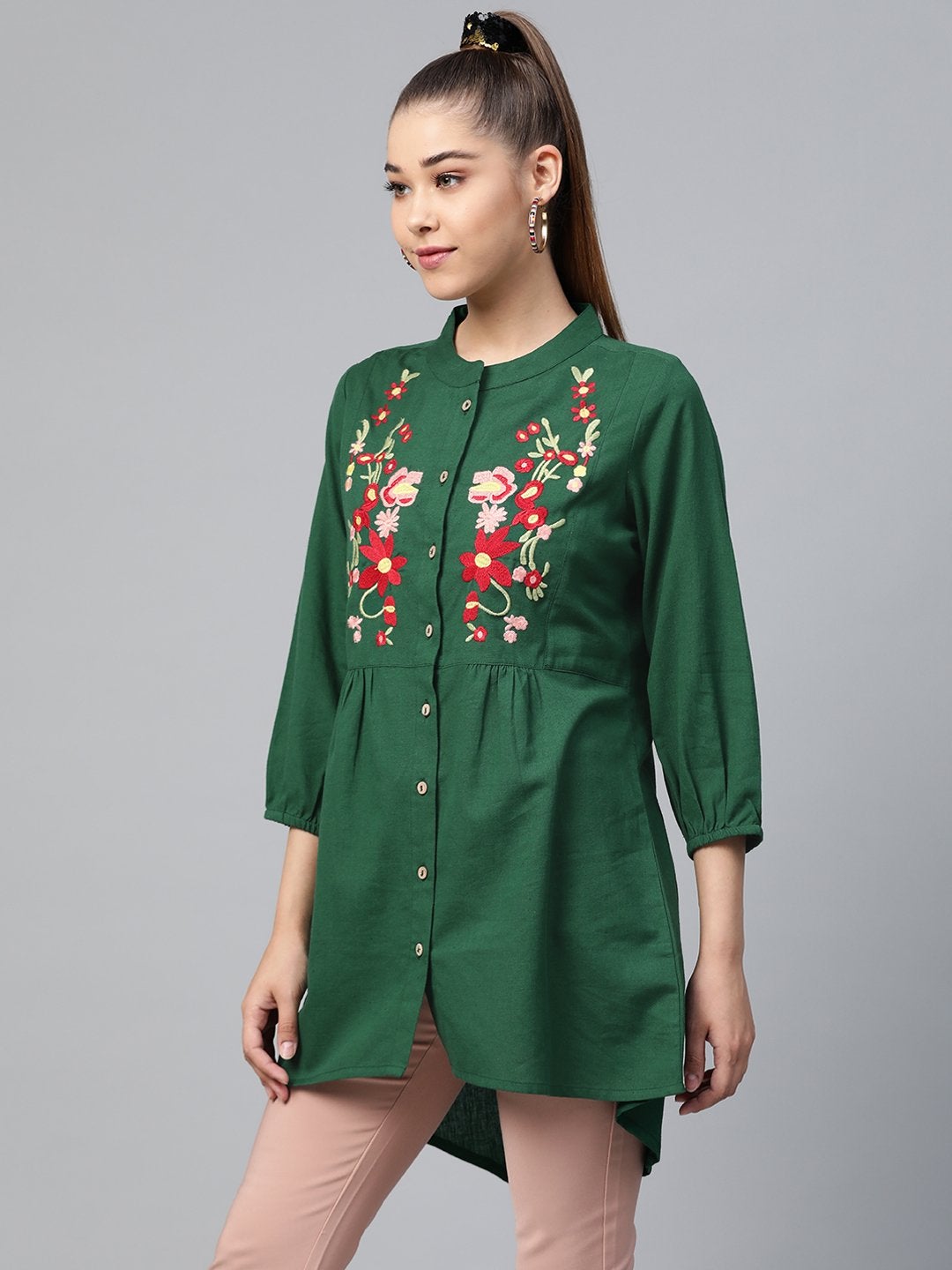 Women's Green Front Embroidery Shirt - SASSAFRAS