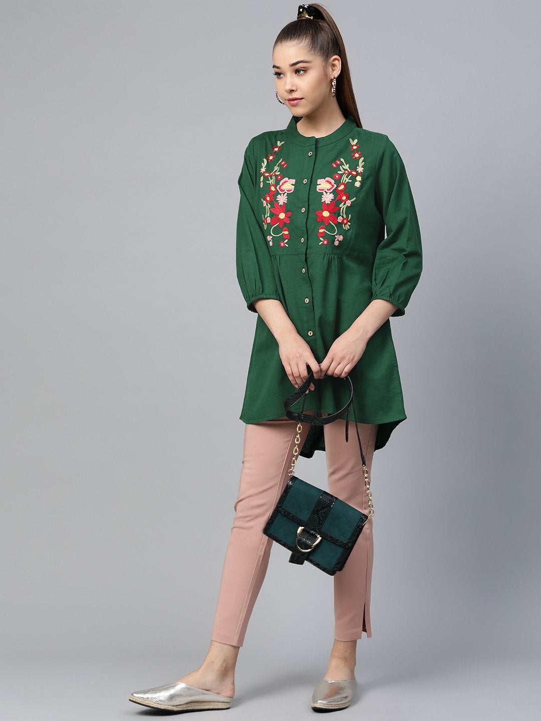 Women's Green Front Embroidery Shirt - SASSAFRAS