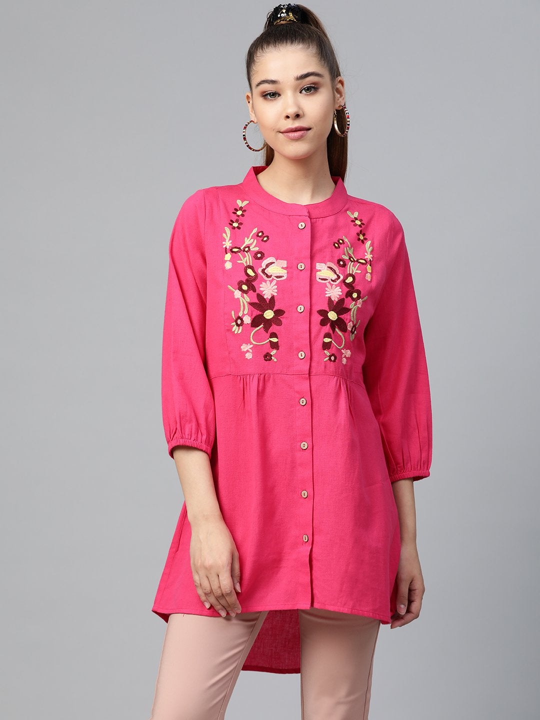 Women's Pink Front Embroidery Shirt - SASSAFRAS