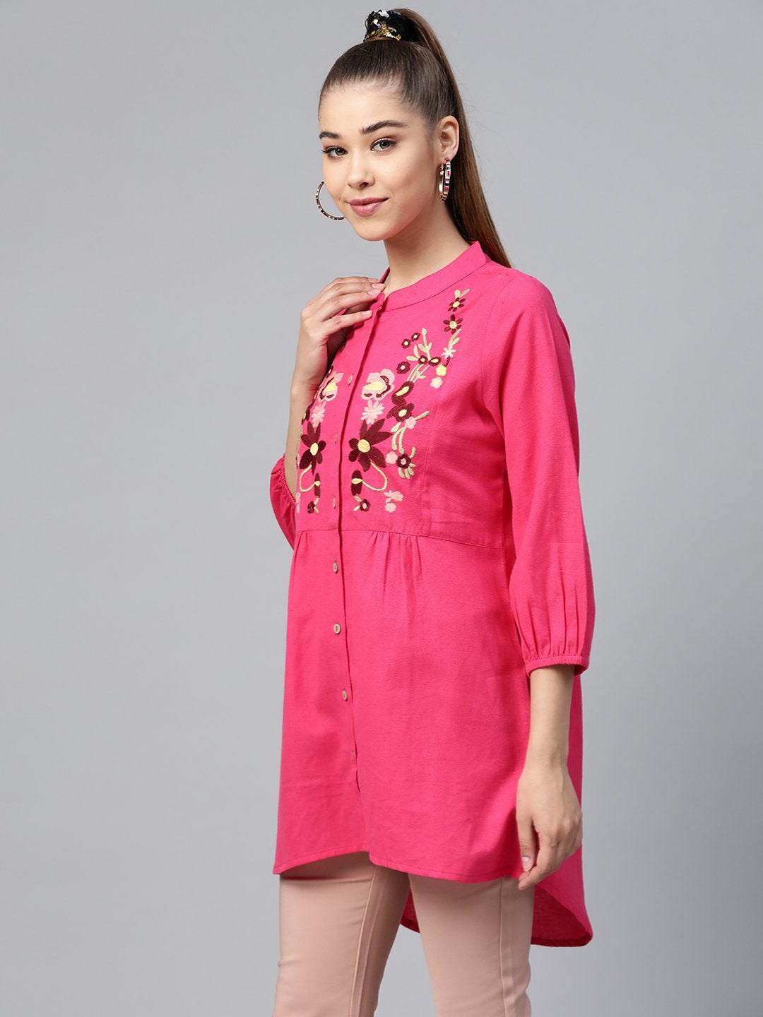 Women's Pink Front Embroidery Shirt - SASSAFRAS