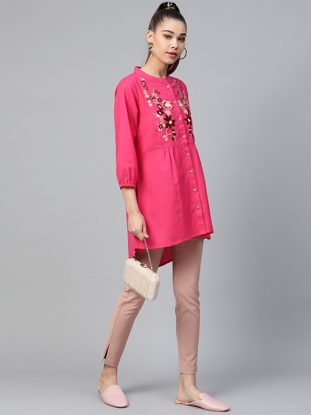 Women's Pink Front Embroidery Shirt - SASSAFRAS