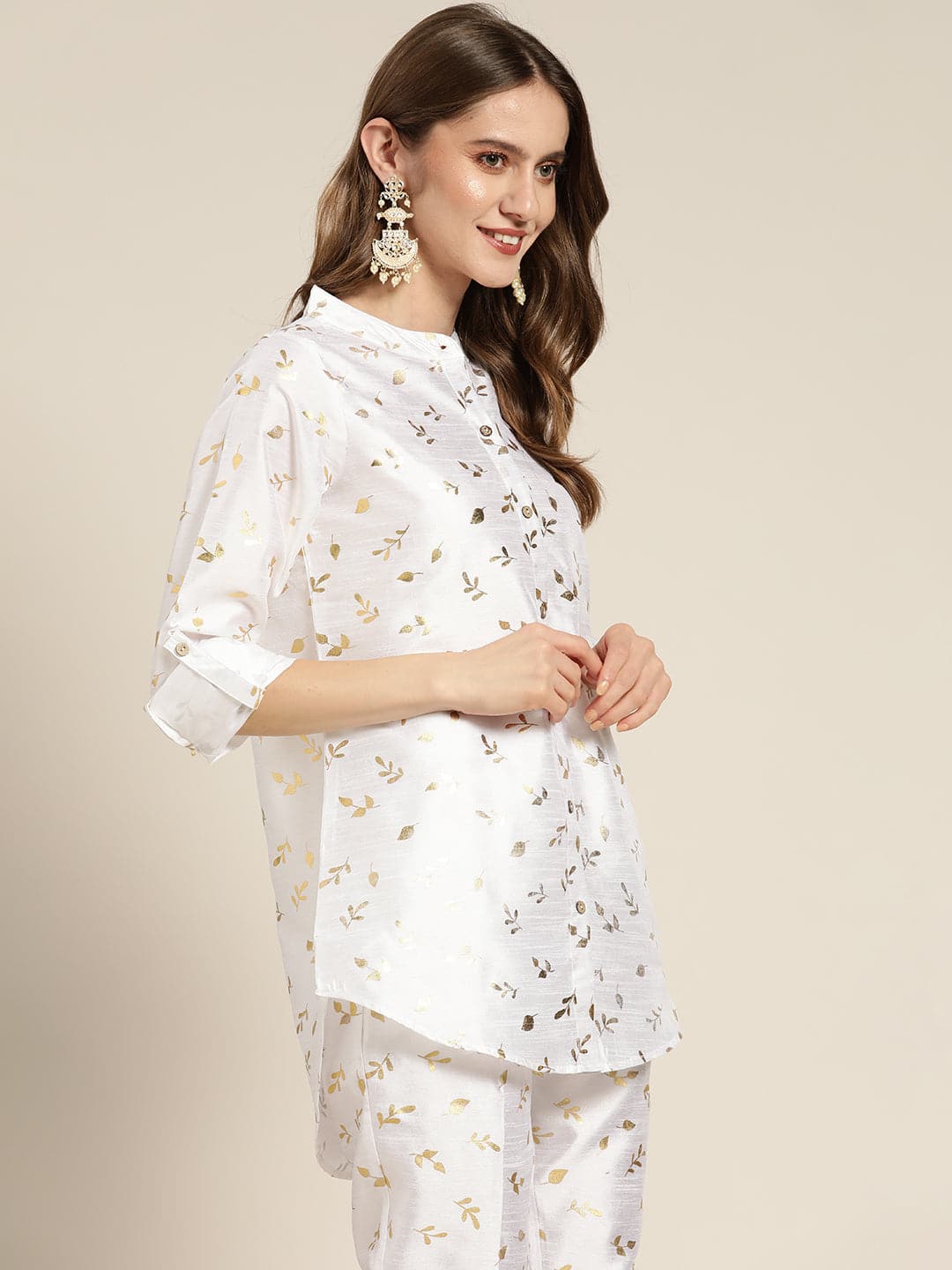 Women's White Chanderi Gold Foil High Low Shirt - Lyush